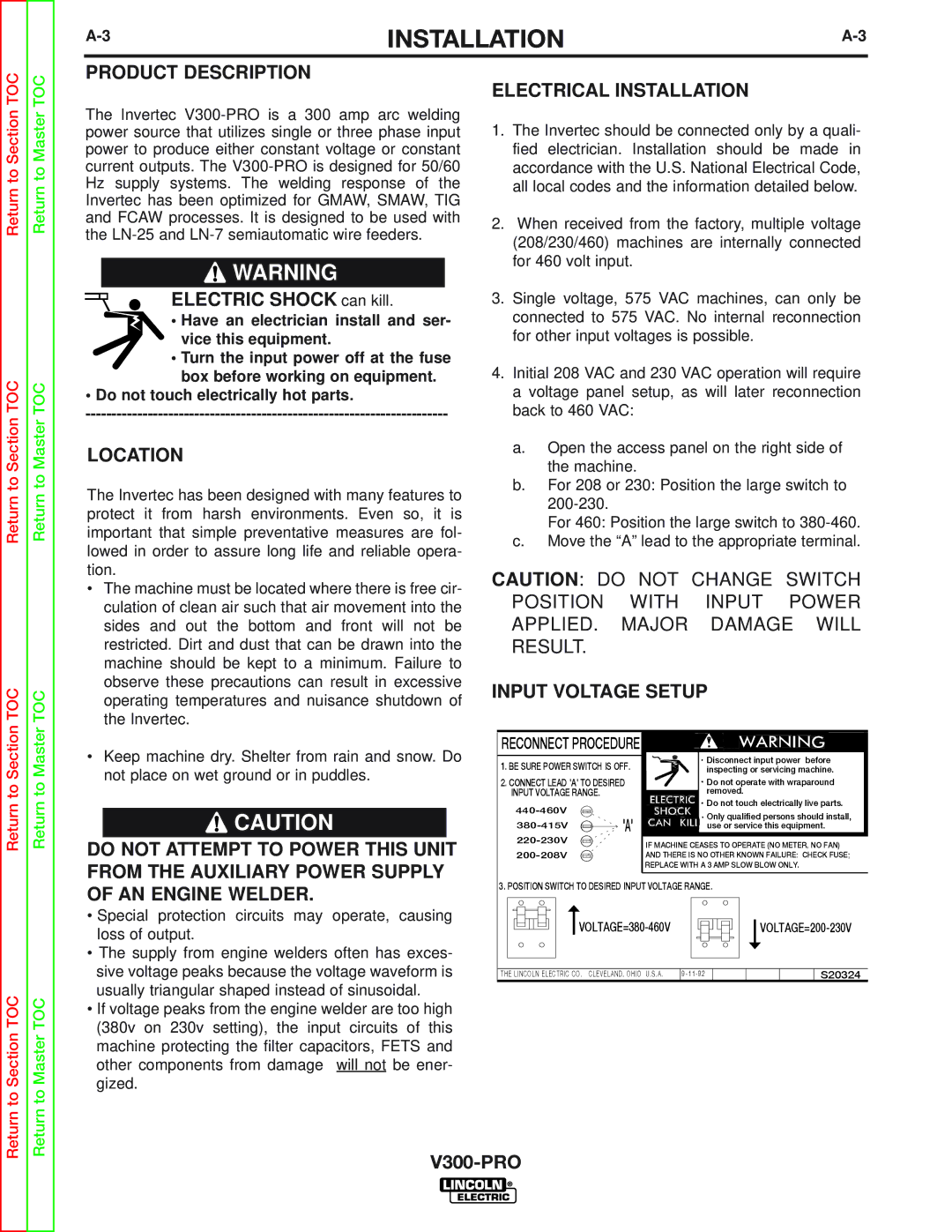 Lincoln Electric SVM105-B service manual Product Description Electrical Installation, Location, Input Voltage Setup 