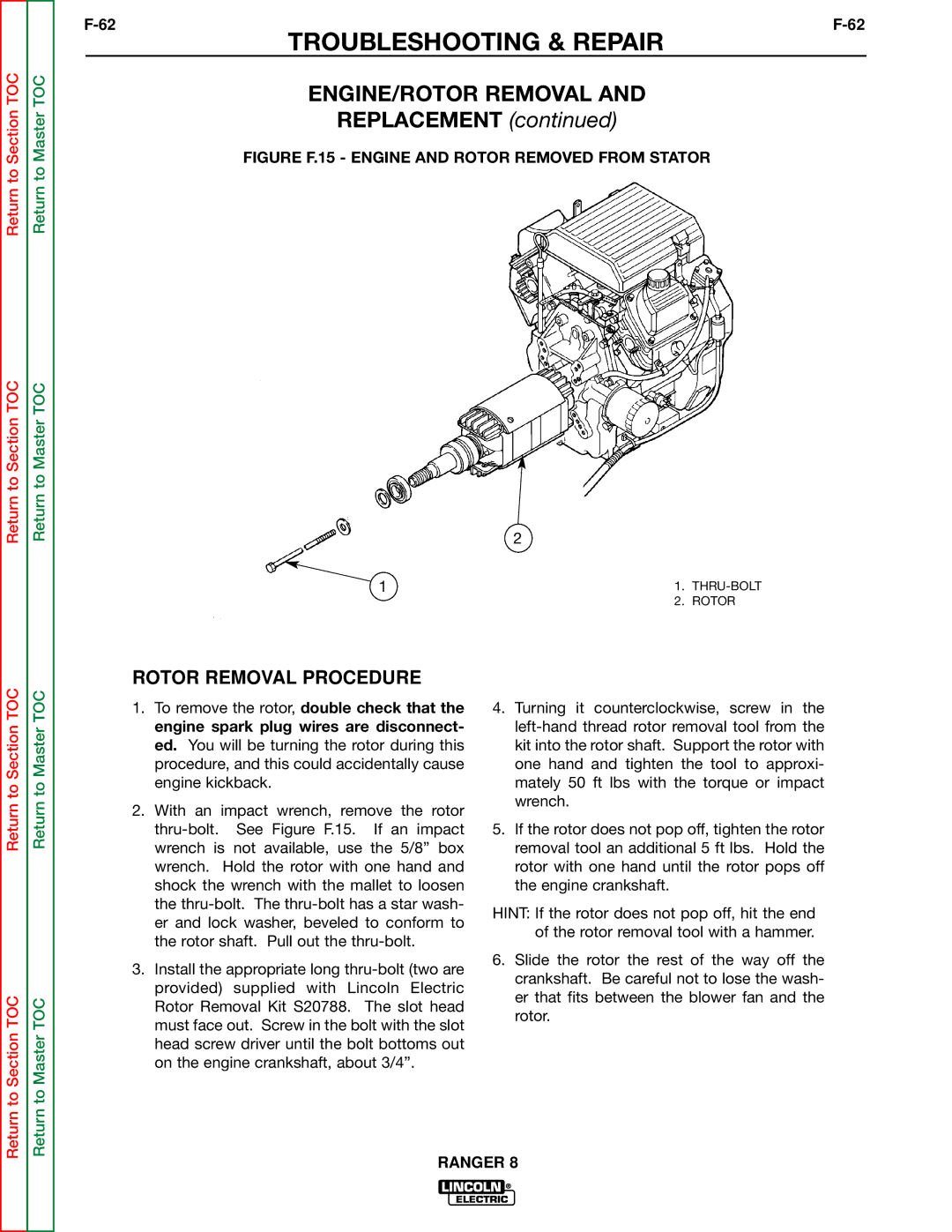 Lincoln Electric SVM107-B service manual Rotor Removal Procedure, Figure F.15 Engine and Rotor Removed from Stator 