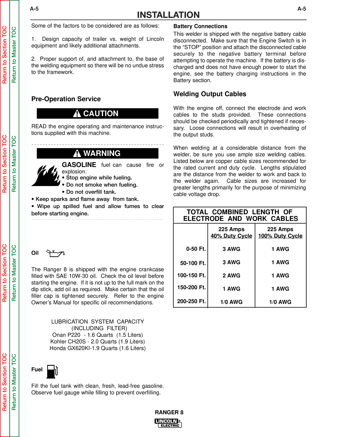 Lincoln Electric SVM107-B service manual Battery Connections, Oil, Awg, Fuel 