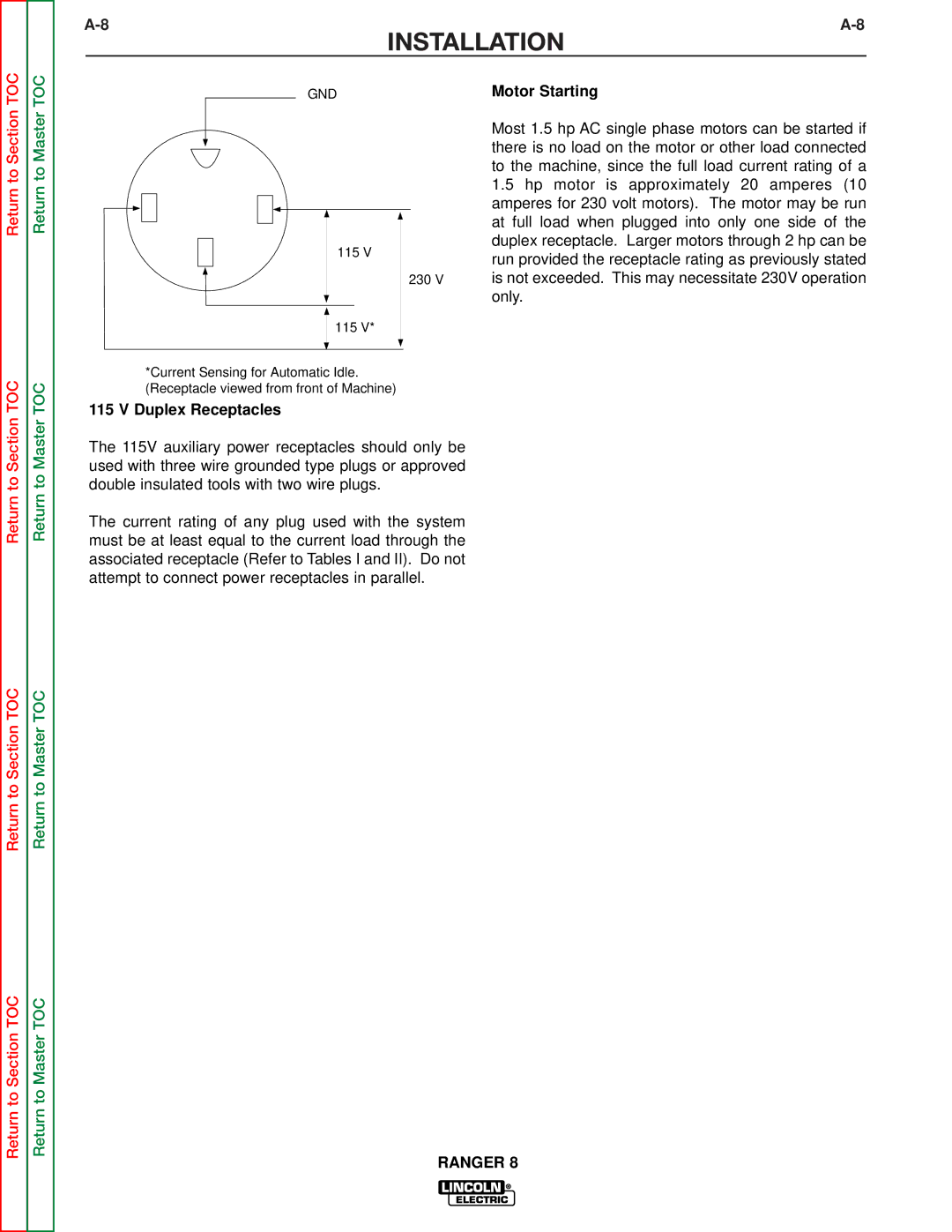 Lincoln Electric SVM107-B service manual Duplex Receptacles, Motor Starting 