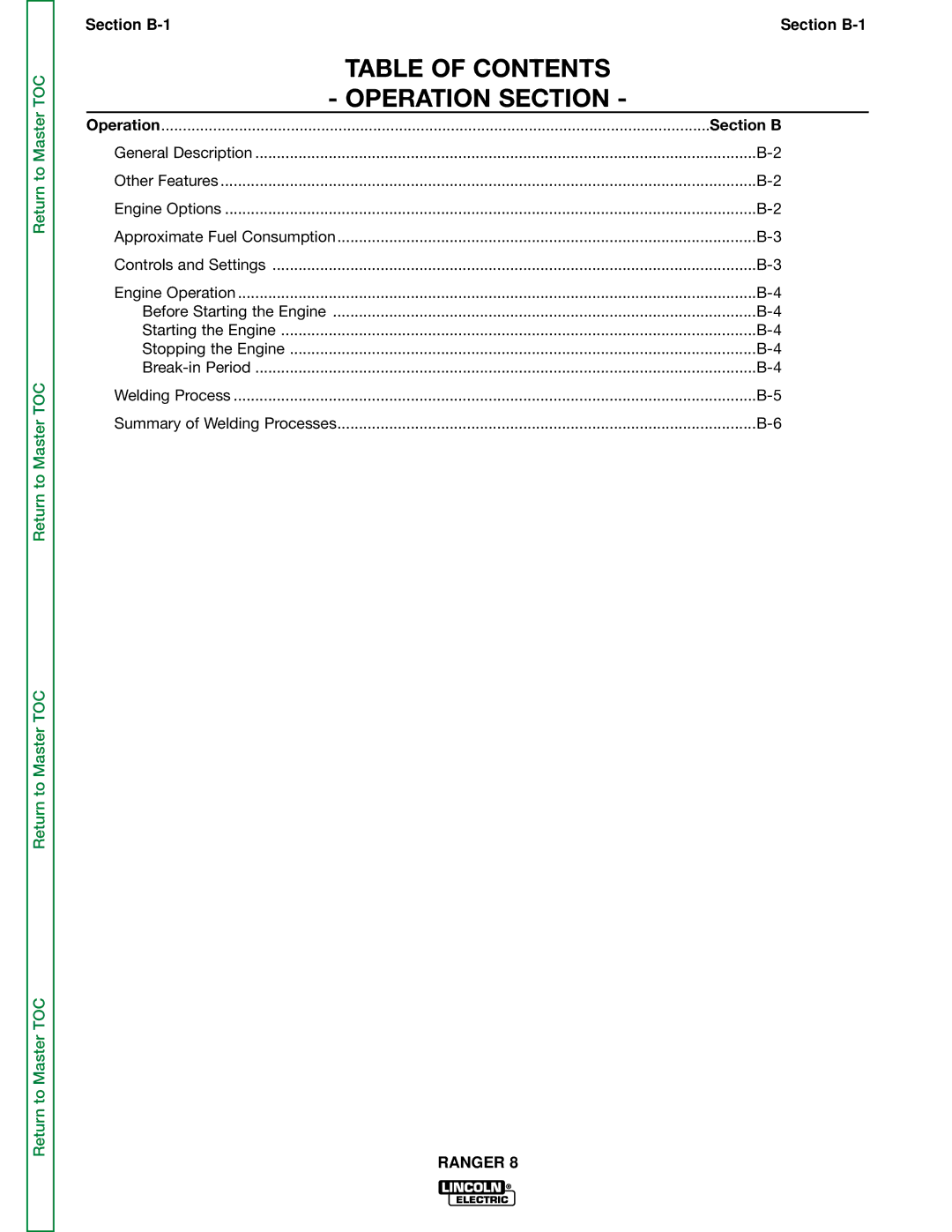 Lincoln Electric SVM107-B service manual Table of Contents Operation Section 