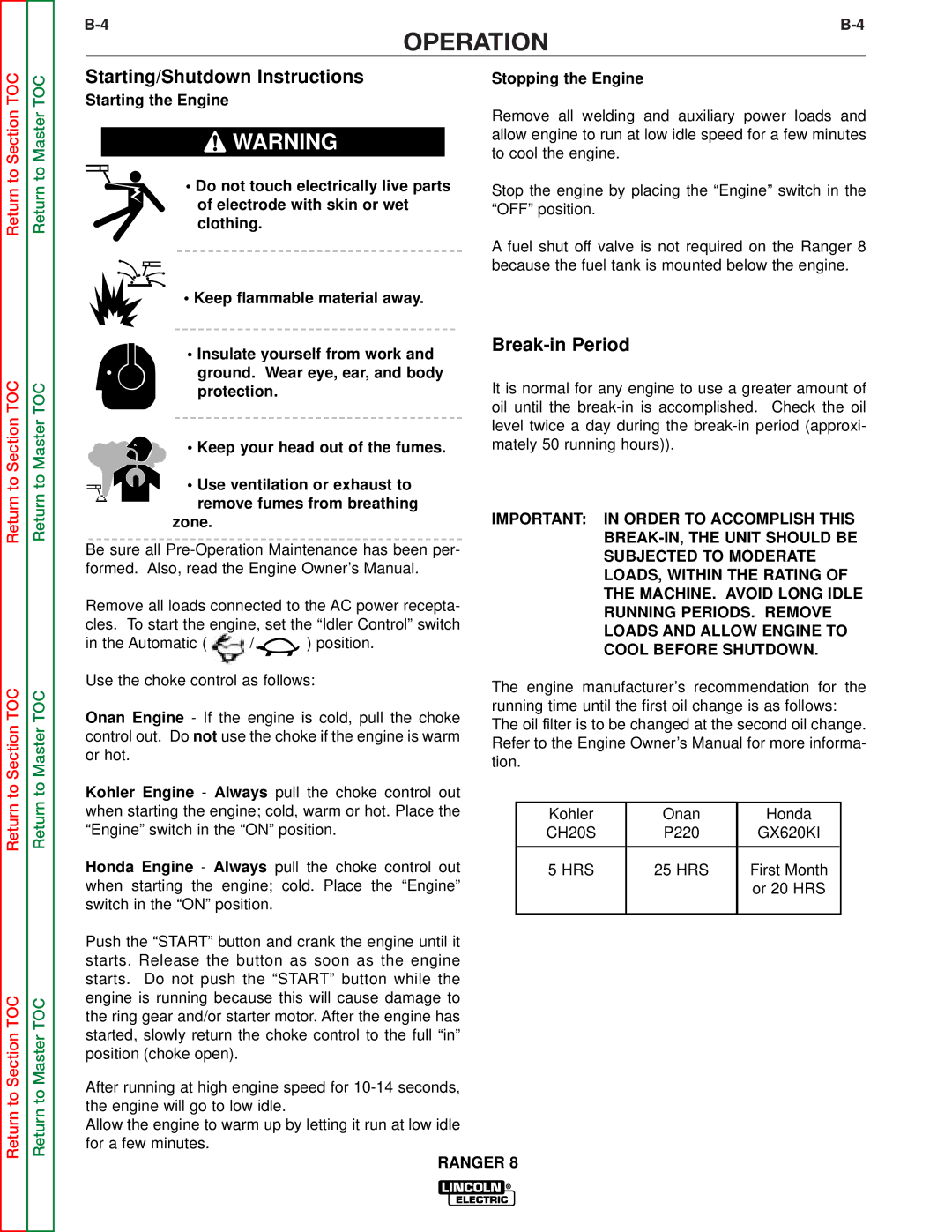 Lincoln Electric SVM107-B service manual Starting/Shutdown Instructions, Stopping the Engine 