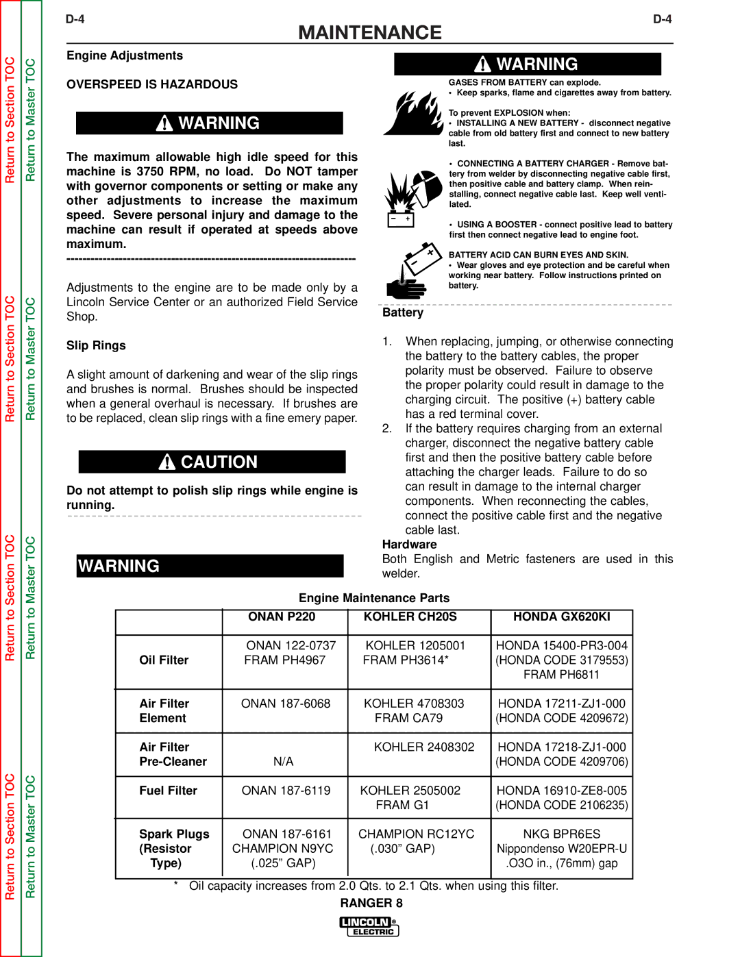 Lincoln Electric SVM107-B Engine Adjustments, Slip Rings, Do not attempt to polish slip rings while engine is running 