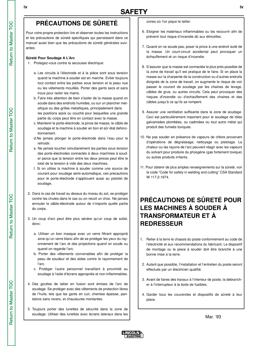 Lincoln Electric SVM107-B service manual Précautions DE Sûreté 