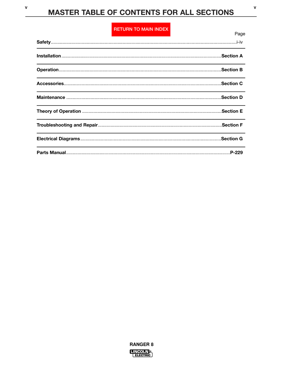 Lincoln Electric SVM107-B service manual Master Table of Contents for ALL Sections 