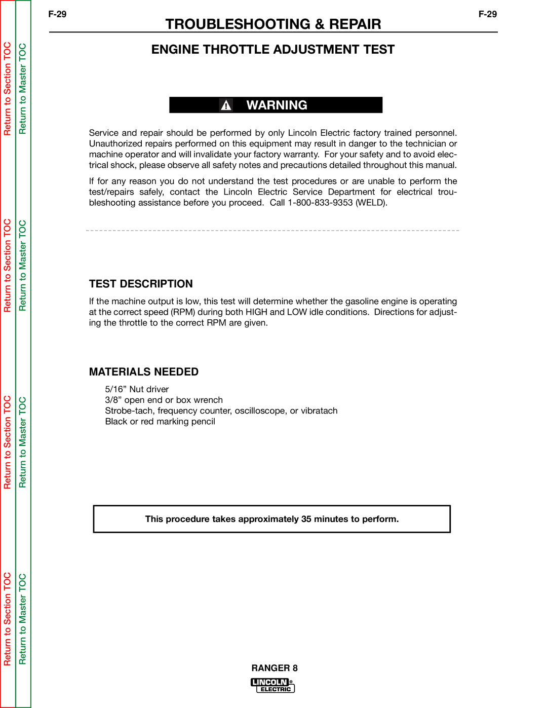 Lincoln Electric SVM107-B service manual Engine Throttle Adjustment Test 