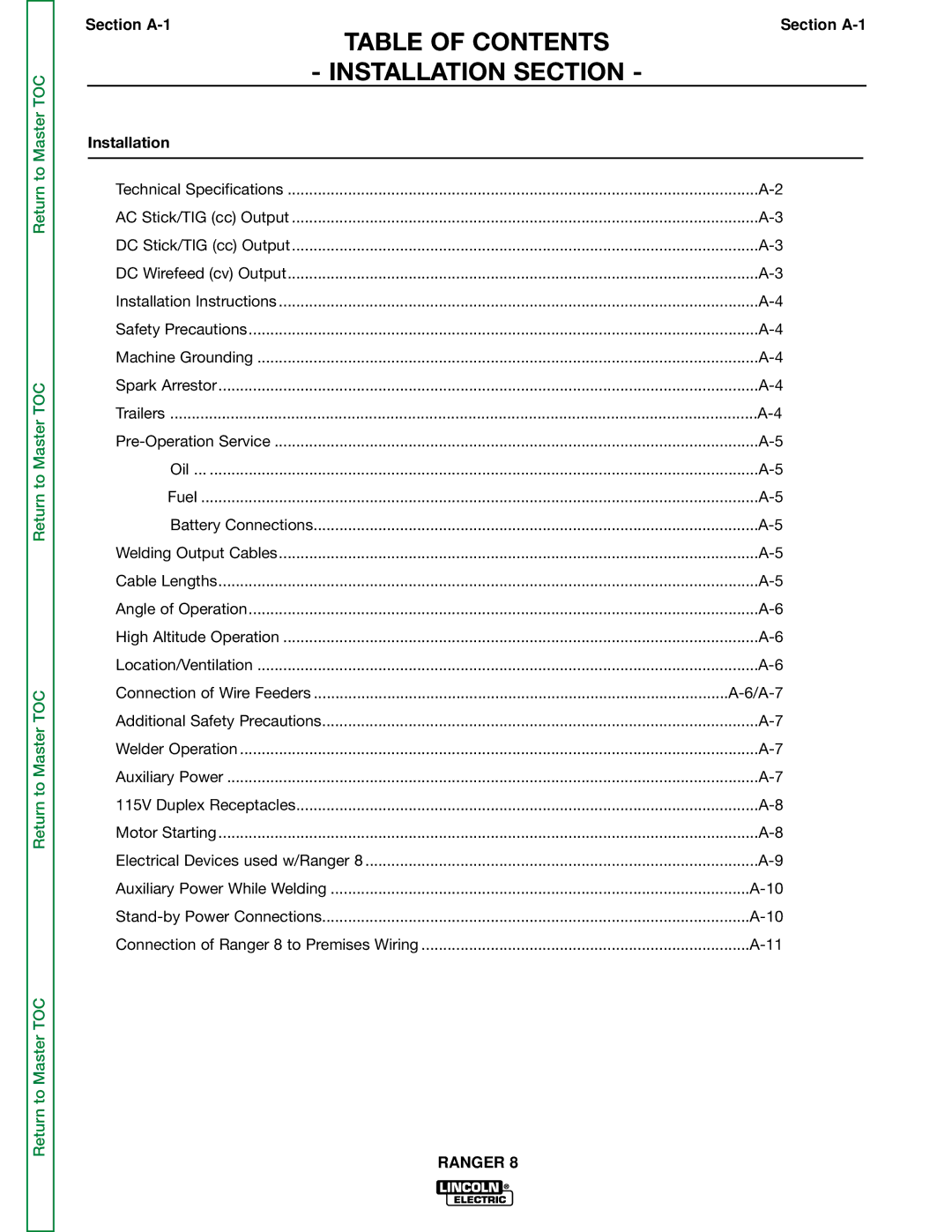 Lincoln Electric SVM107-B service manual Table of Contents Installation Section 