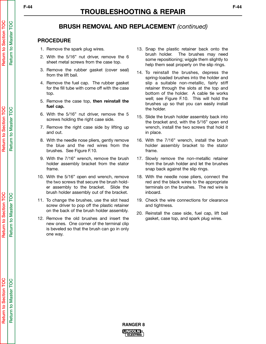 Lincoln Electric SVM107-B service manual Brush Removal and Replacement, Procedure 