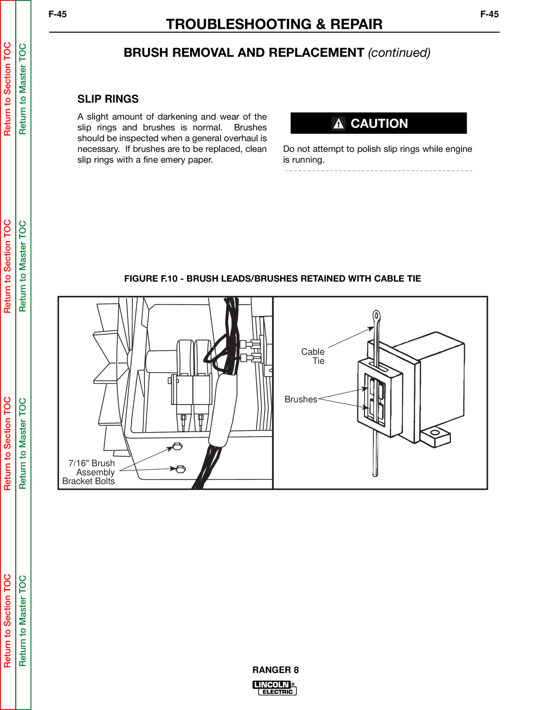 Lincoln Electric SVM107-B service manual Slip Rings, Figure F.10 Brush LEADS/BRUSHES Retained with Cable TIE 