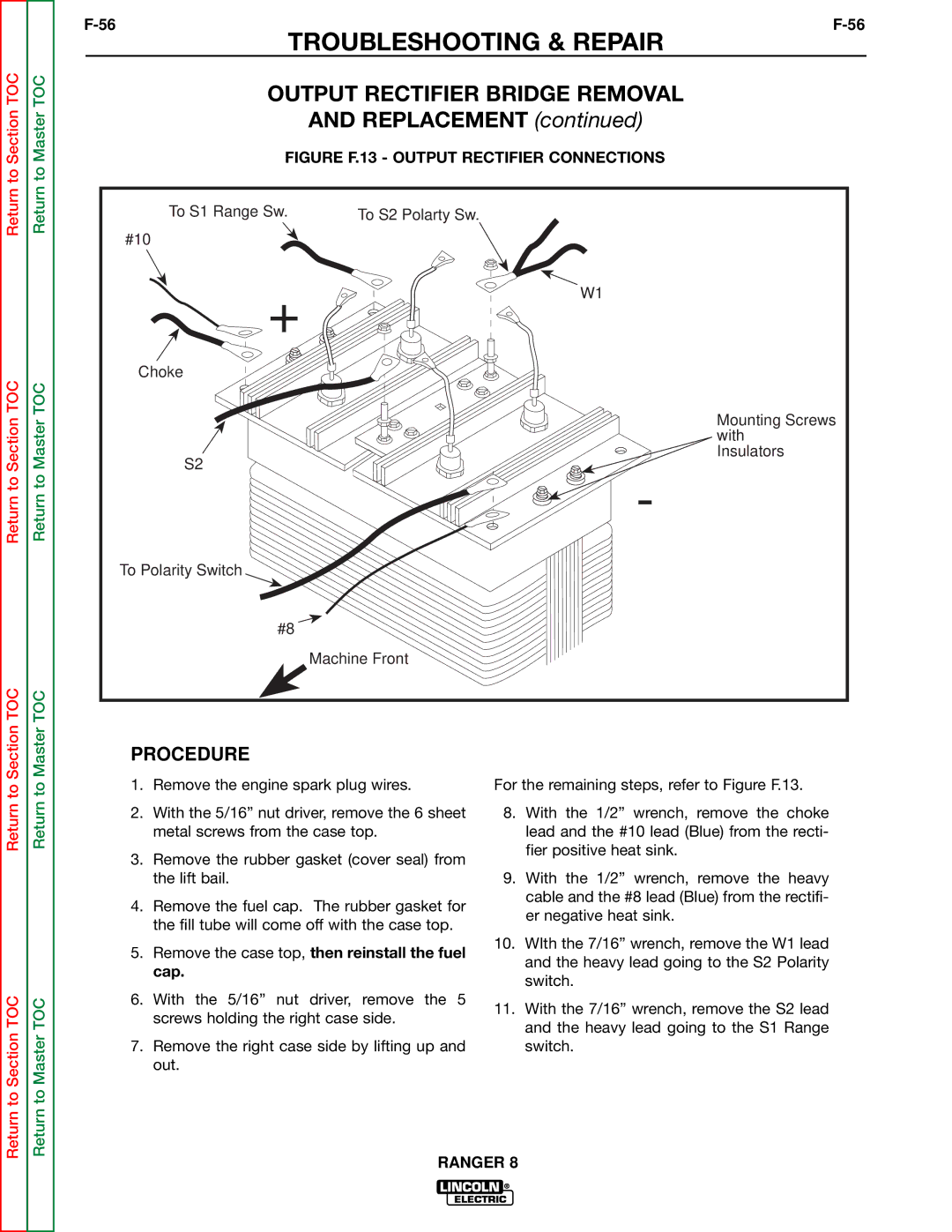 Lincoln Electric SVM107-B service manual Output Rectifier Bridge Removal, Remove the case top, then reinstall the fuel cap 