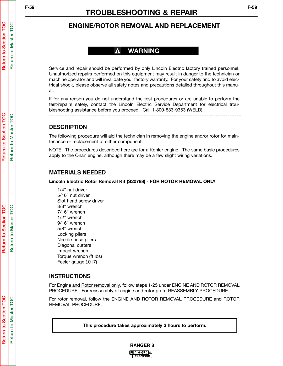 Lincoln Electric SVM107-B service manual ENGINE/ROTOR Removal and Replacement, Instructions 