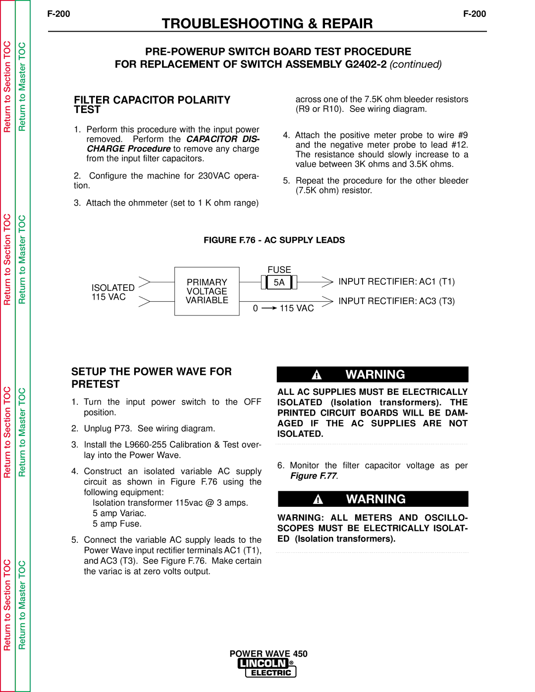 Lincoln Electric SVM112-B service manual Filter Capacitor Polarity Test, Setup the Power Wave for Pretest 