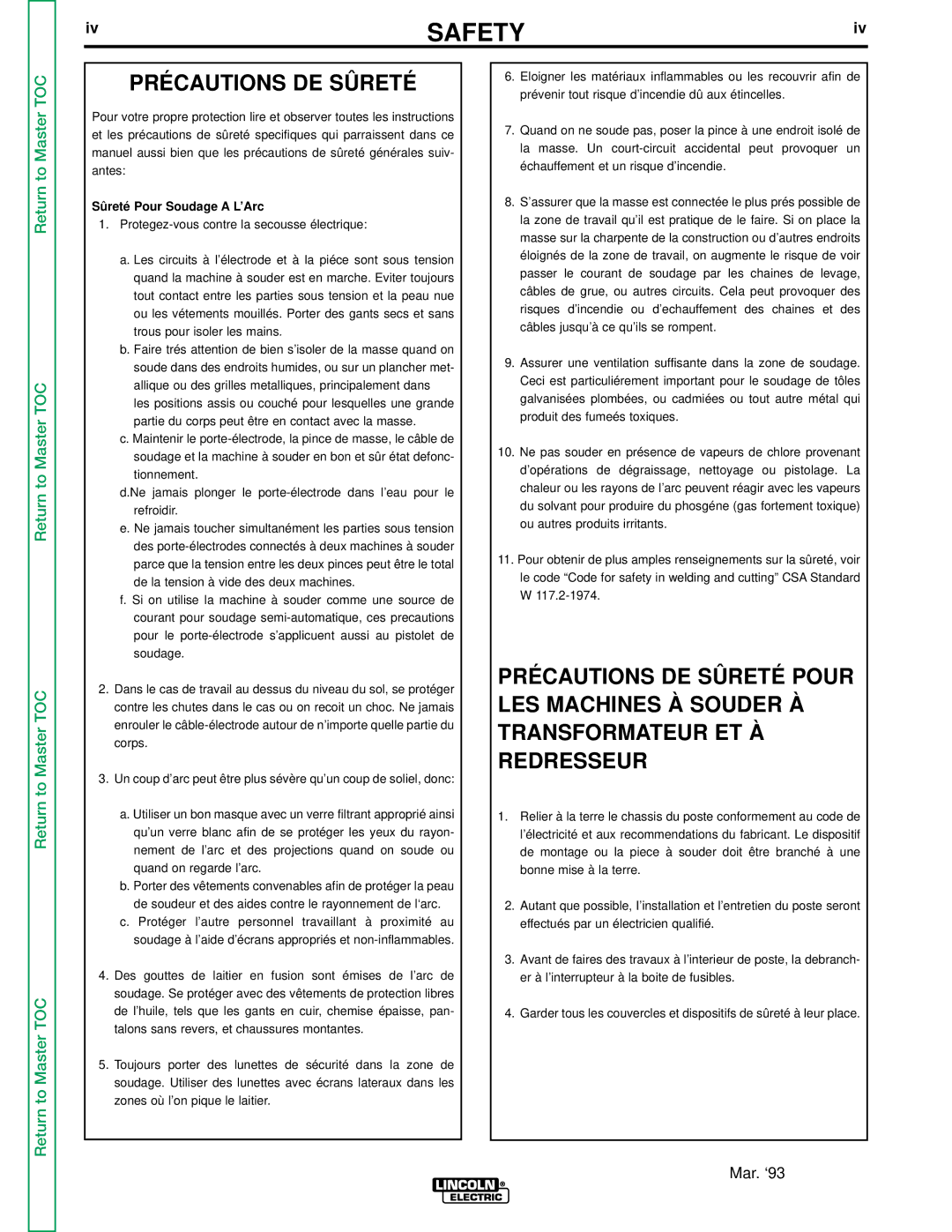 Lincoln Electric SVM112-B service manual Précautions DE Sûreté 