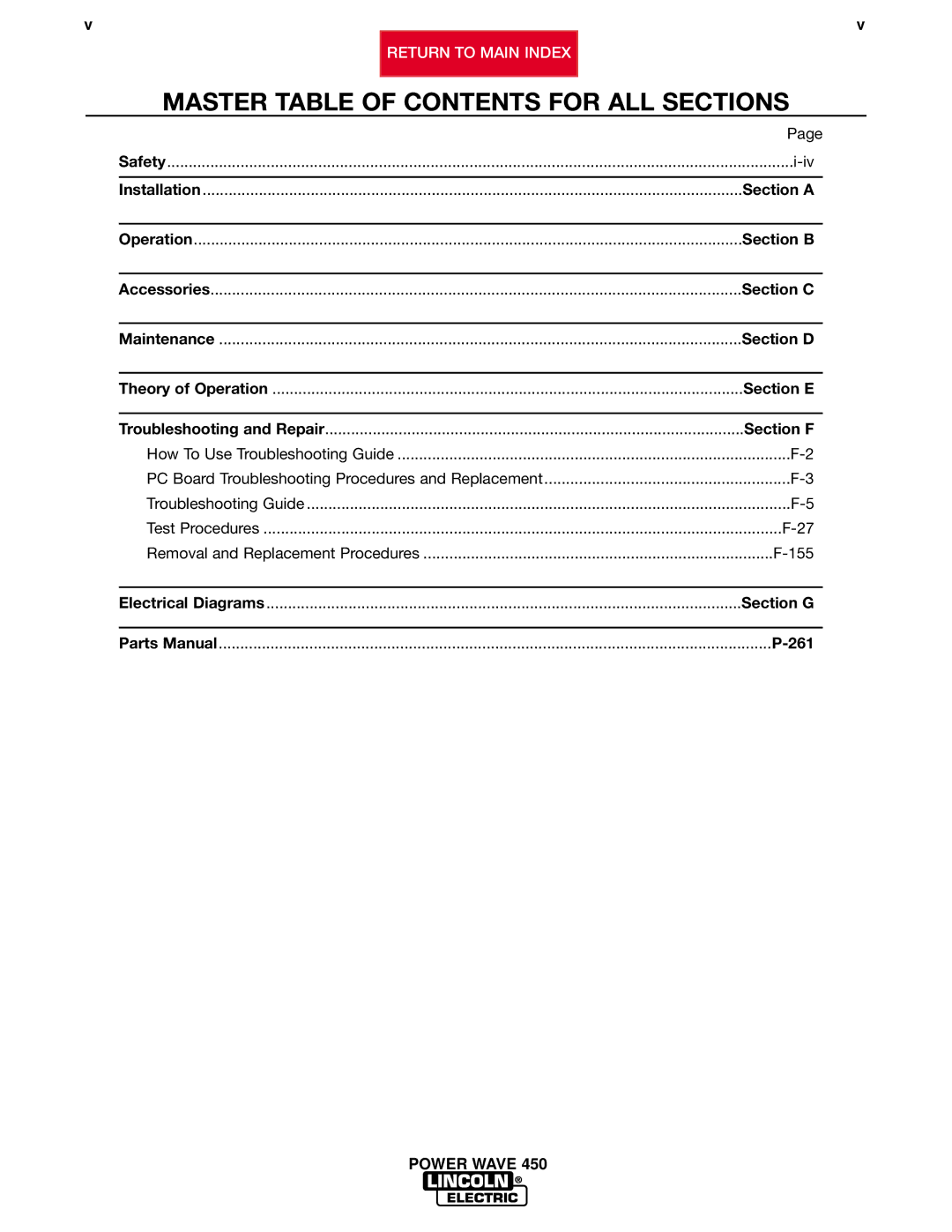 Lincoln Electric SVM112-B service manual Master Table of Contents for ALL Sections 