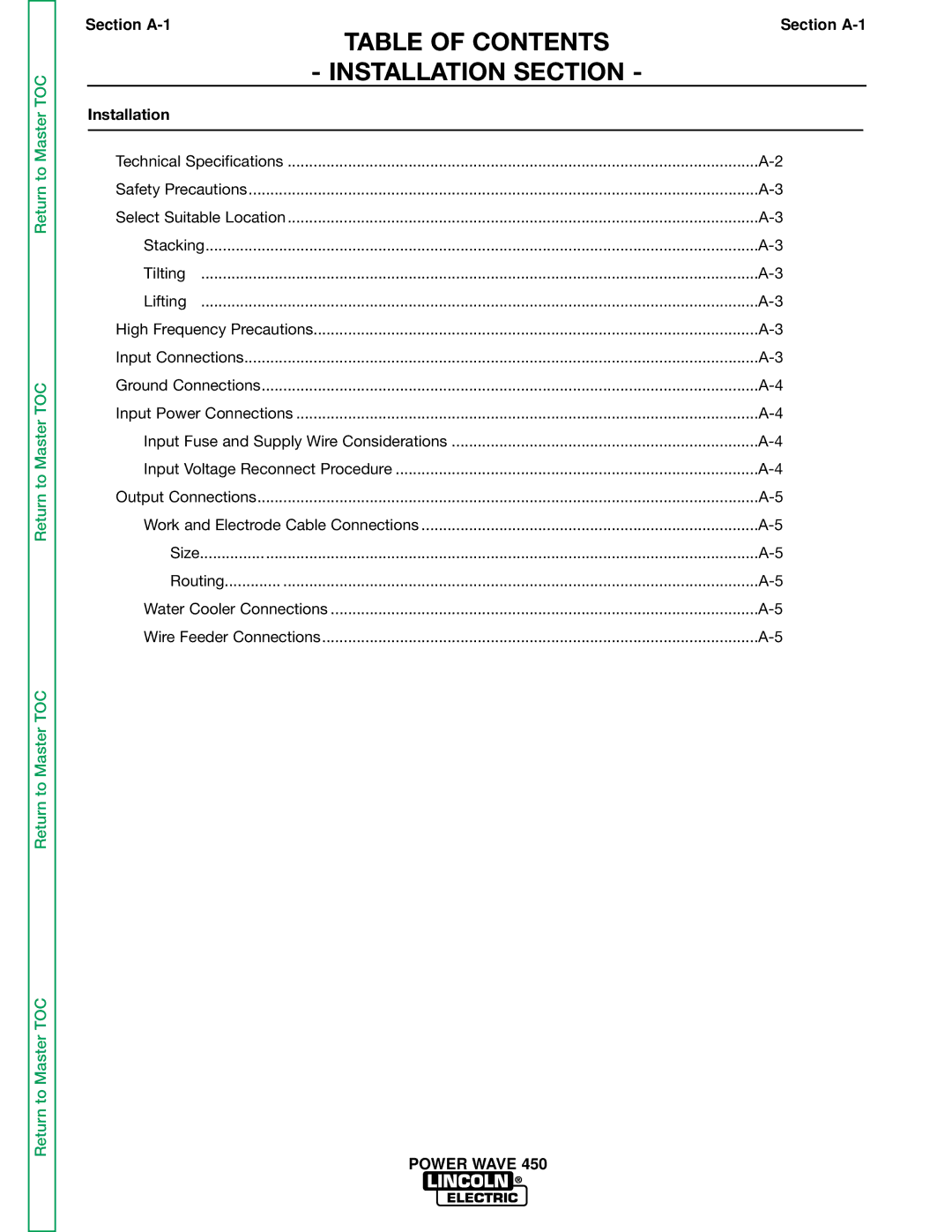 Lincoln Electric SVM112-B service manual Table of Contents Installation Section 