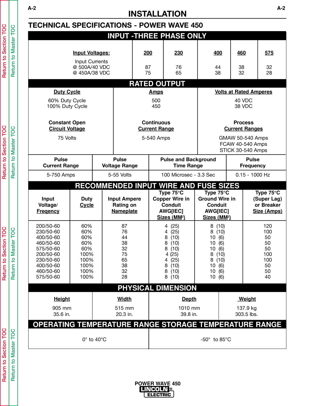 Lincoln Electric SVM112-B service manual Installation, Technical Specifications Power Wave 