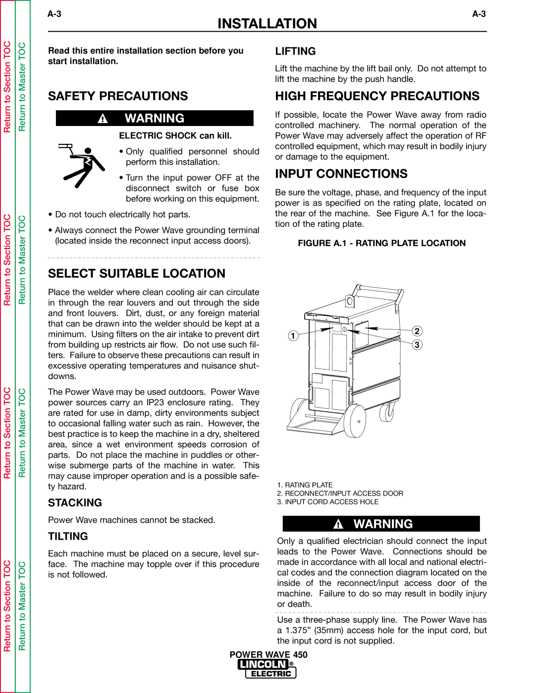 Lincoln Electric SVM112-B Safety Precautions, High Frequency Precautions, Input Connections, Select Suitable Location 