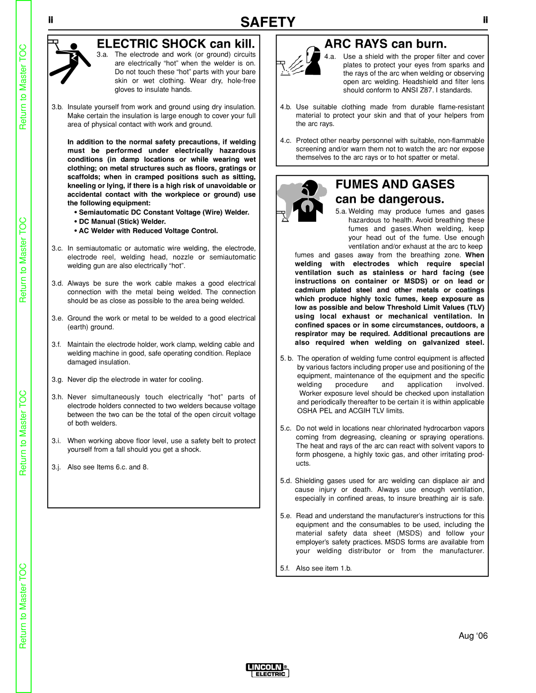 Lincoln Electric SVM114-C service manual Electric Shock can kill, Fumes and Gases, Can be dangerous 