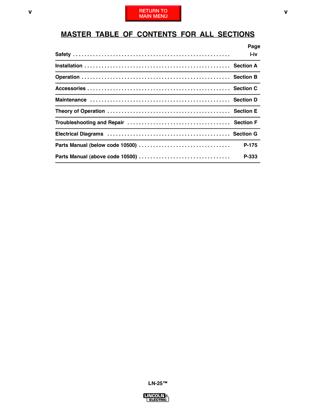 Lincoln Electric SVM114-C service manual Master Table of Contents for ALL Sections 