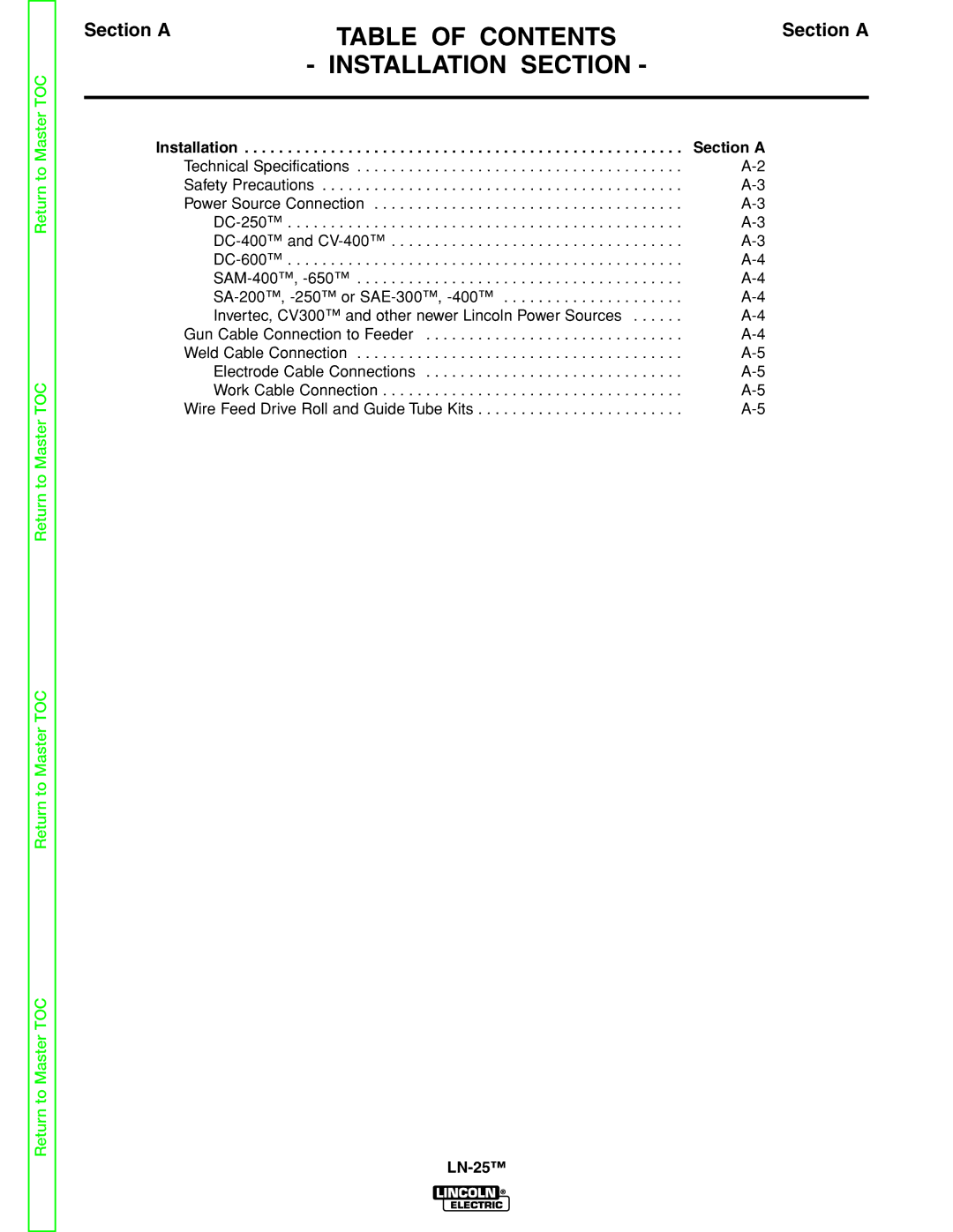 Lincoln Electric SVM114-C service manual Table of Contents, Installation Section 