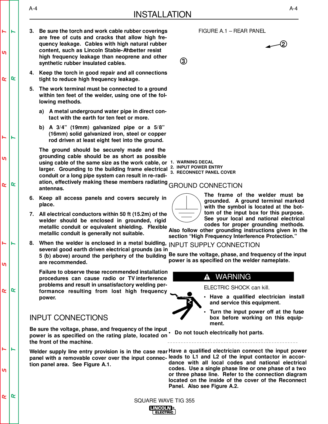 Lincoln Electric SVM118-A Input Connections, Ground Connection, Input Supply Connection, Electric Shock can kill 