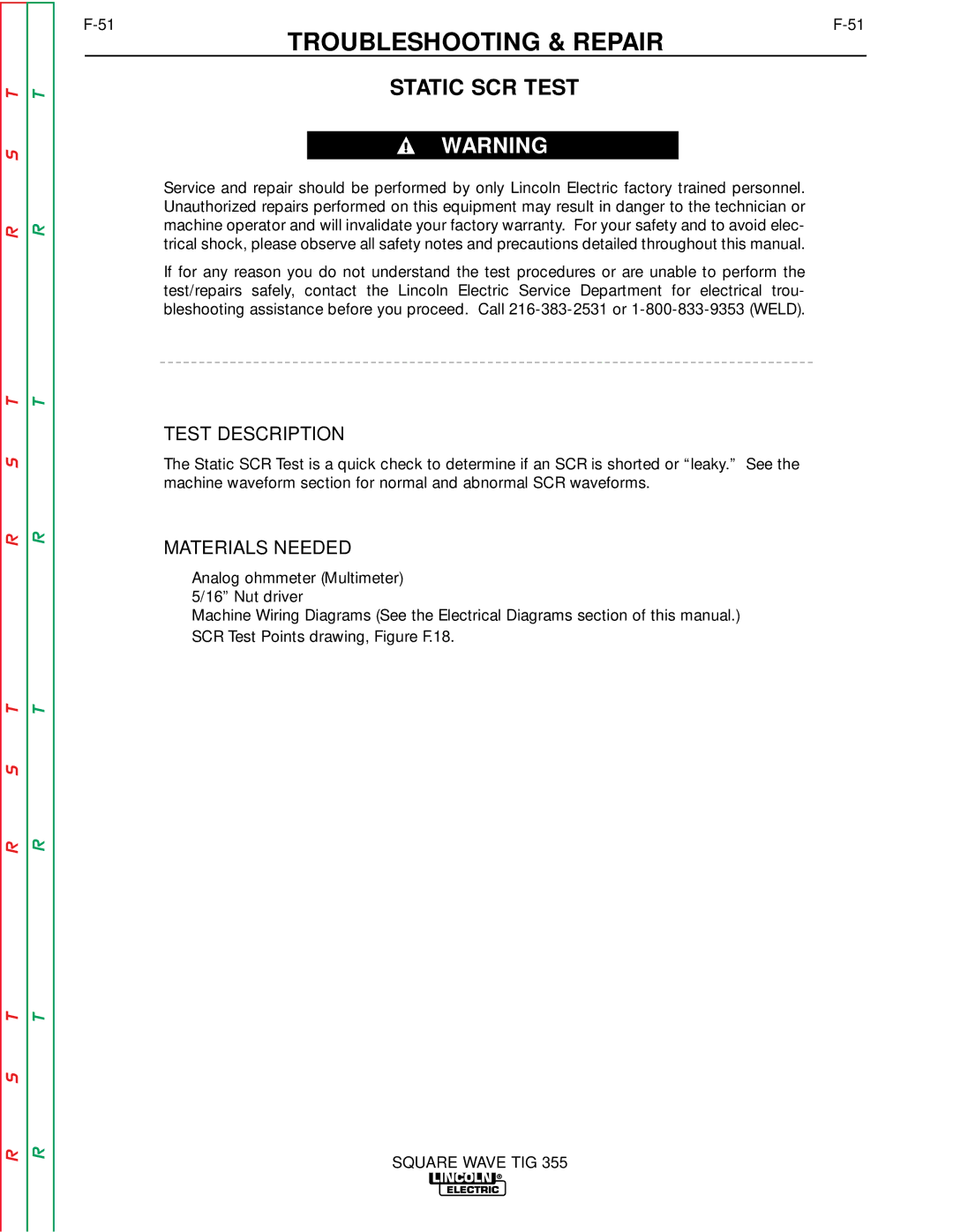 Lincoln Electric SVM118-A service manual Static SCR Test, Test Description 