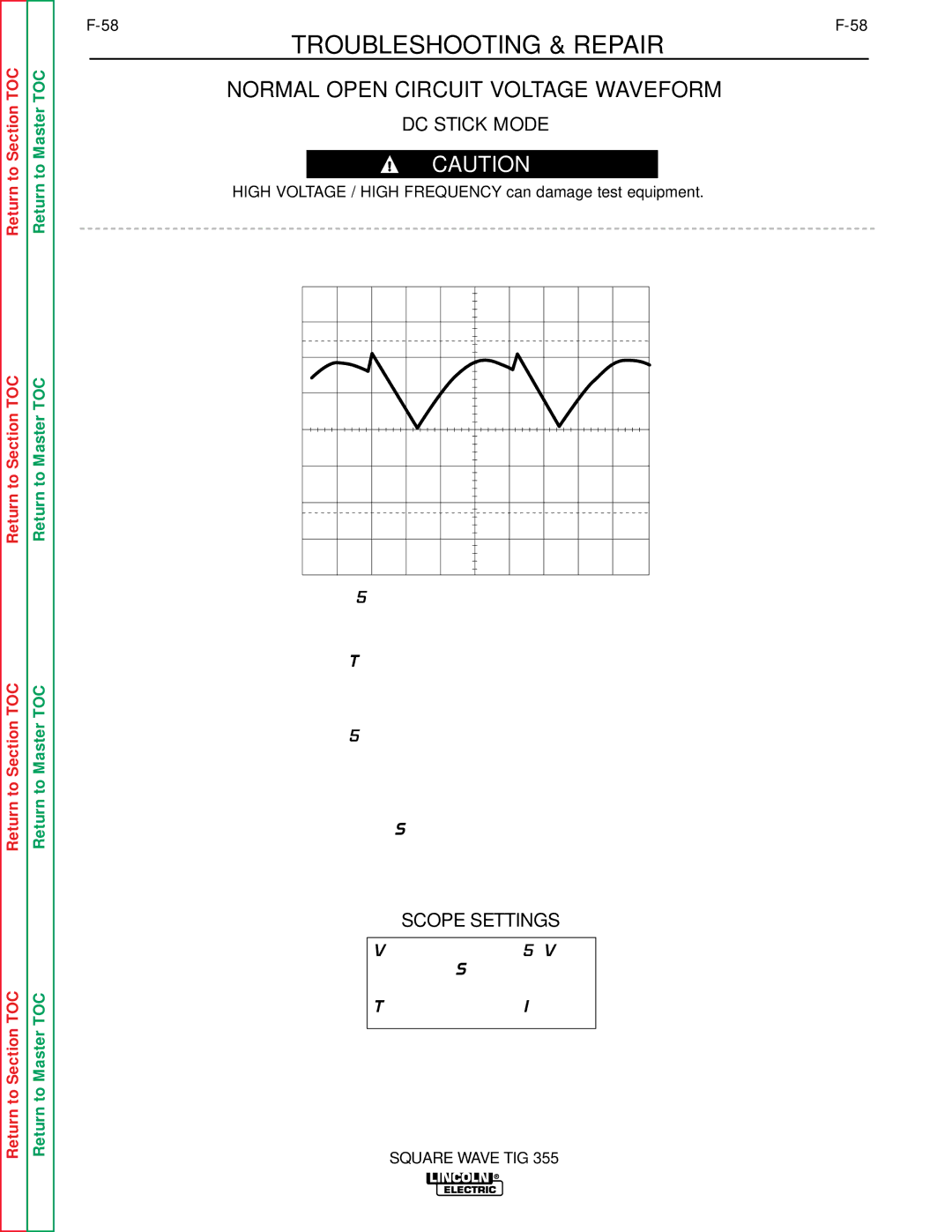 Lincoln Electric SVM118-A service manual Normal Open Circuit Voltage Waveform, DC Stick Mode, Scope Settings 