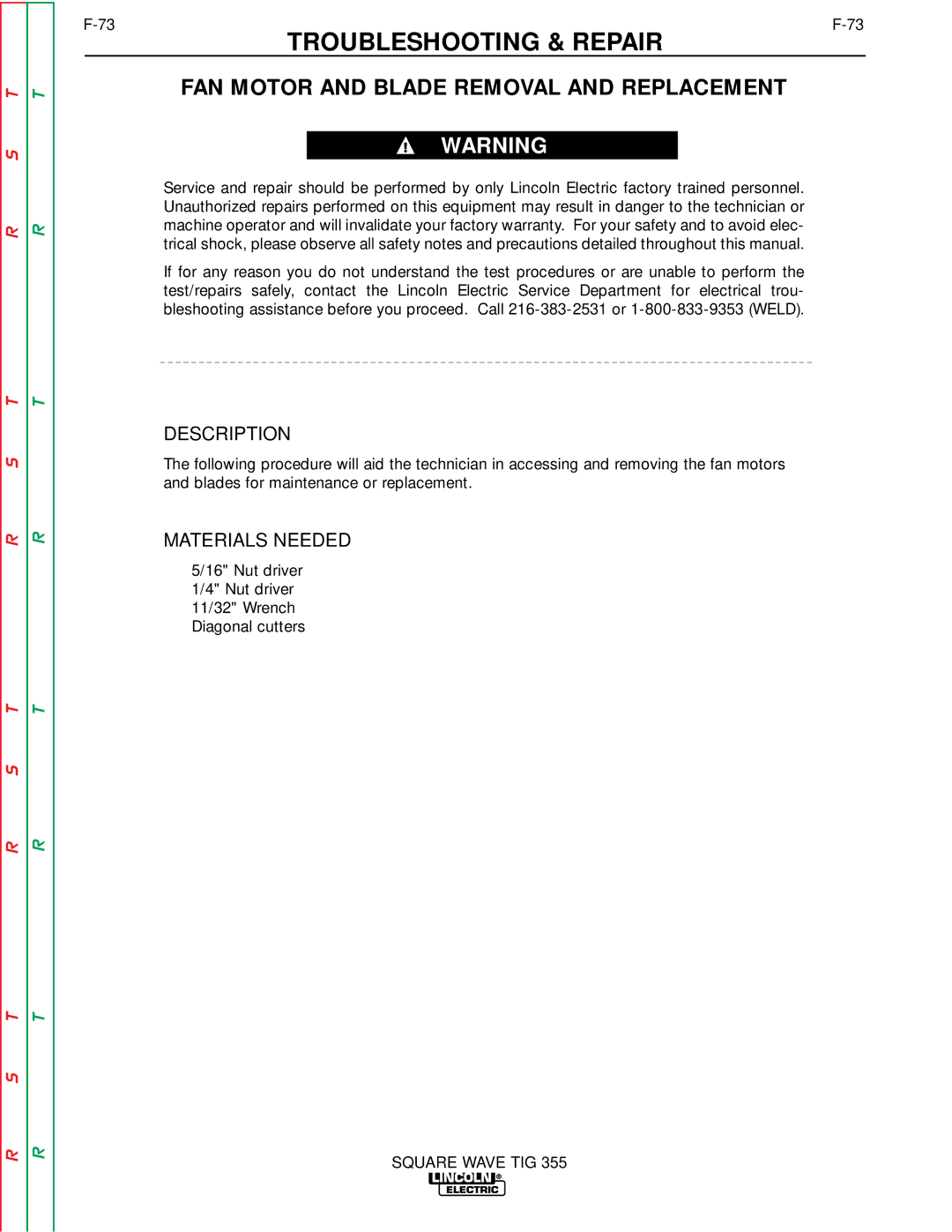 Lincoln Electric SVM118-A service manual FAN Motor and Blade Removal and Replacement, Description 