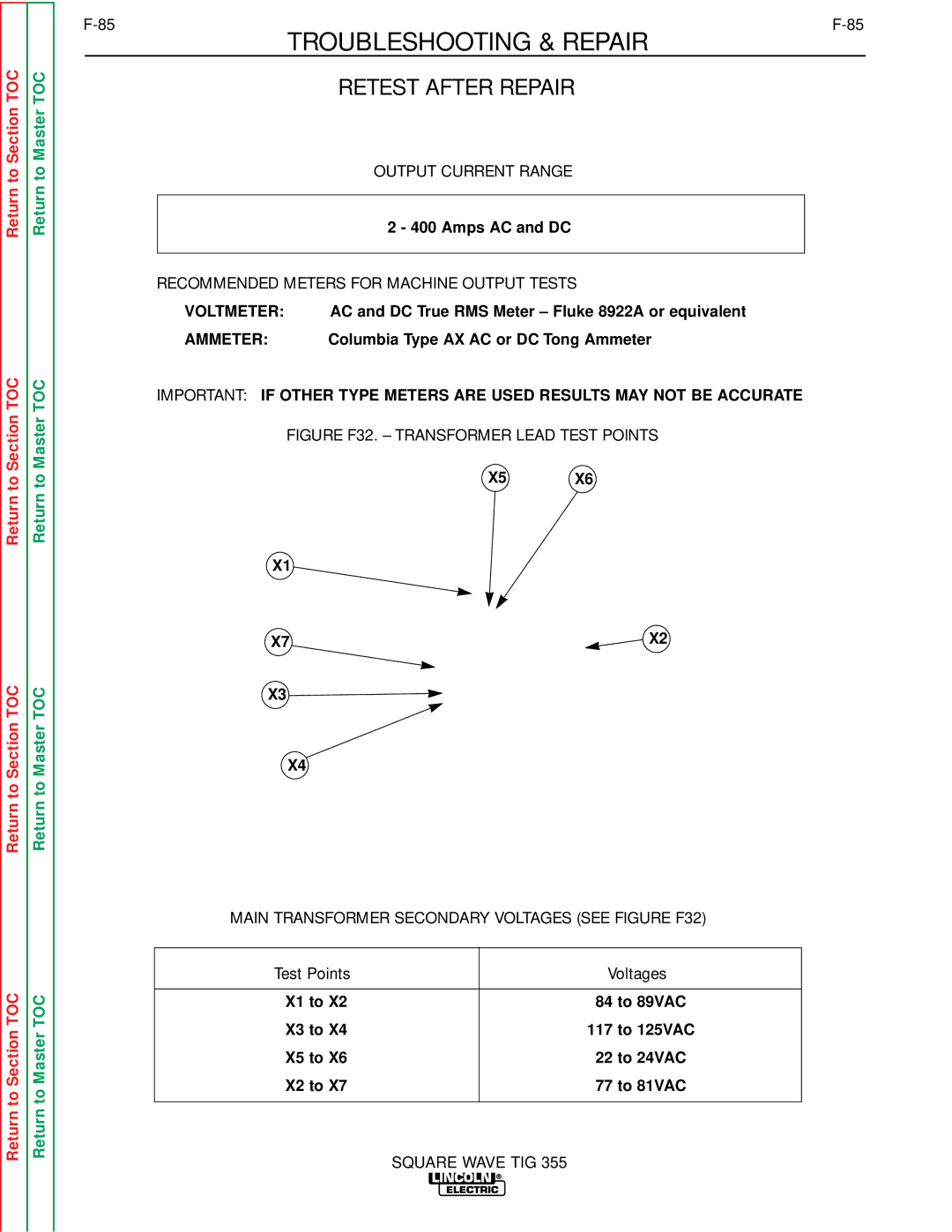 Lincoln Electric SVM118-A Output Current Range, Recommended Meters for Machine Output Tests, Test Points Voltages 