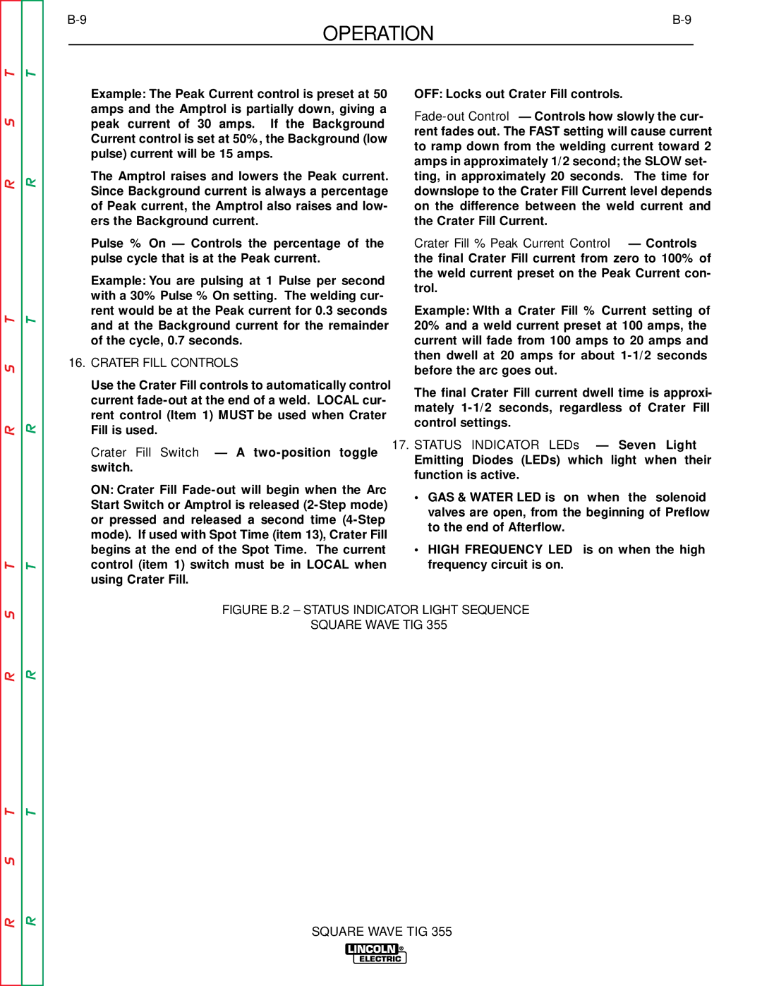 Lincoln Electric SVM118-A service manual Crater Fill Controls, Figure B.2 Status Indicator Light Sequence Square Wave TIG 