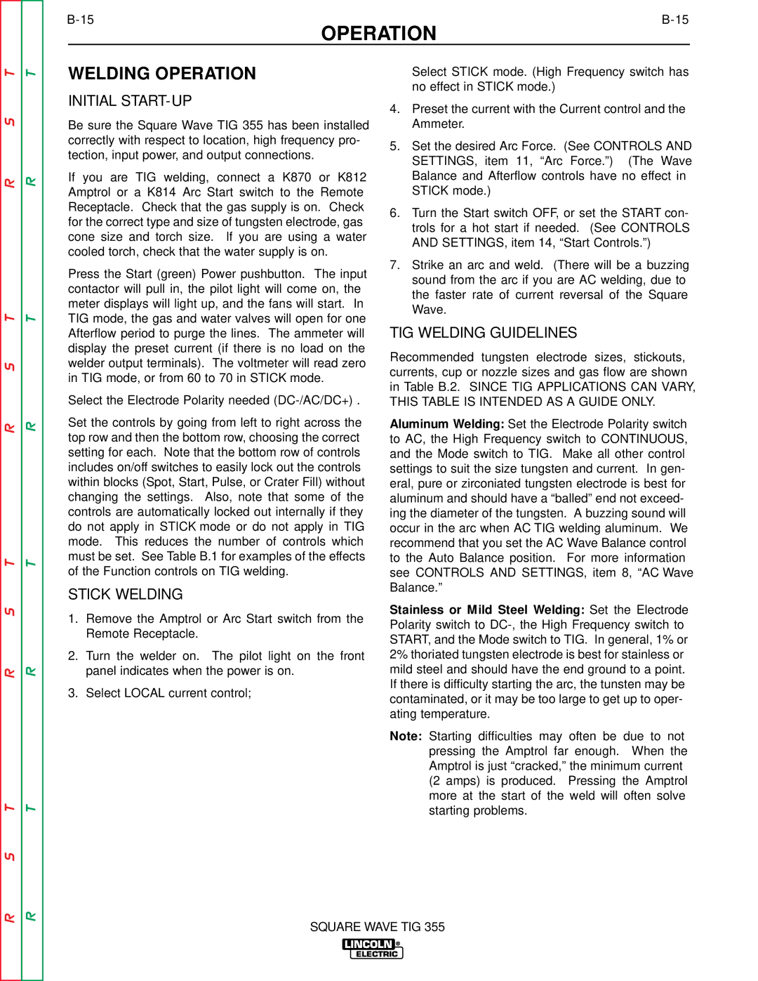 Lincoln Electric SVM118-A service manual Welding Operation, Initial START-UP, Stick Welding, TIG Welding Guidelines 