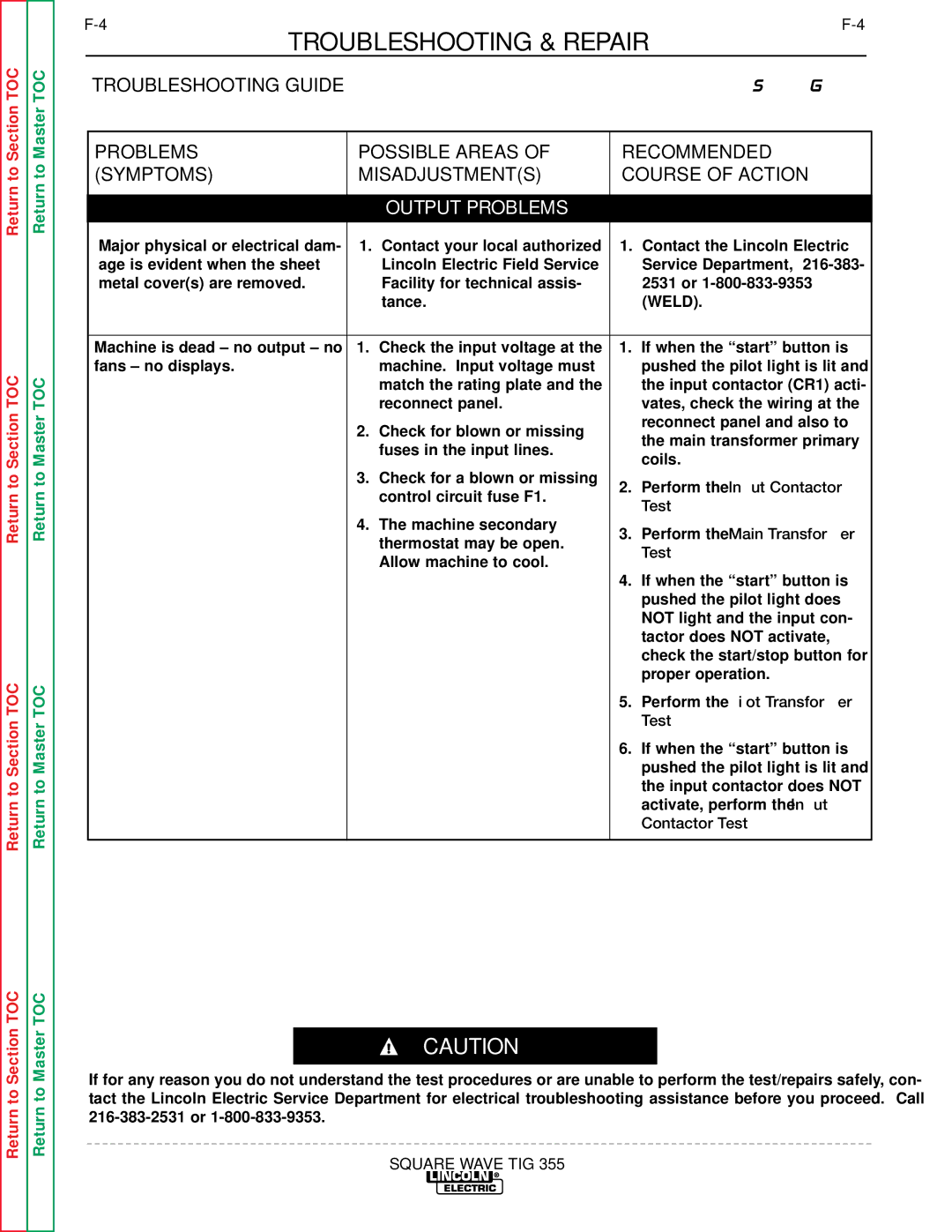 Lincoln Electric SVM118-A service manual Troubleshooting Guide, Output Problems 