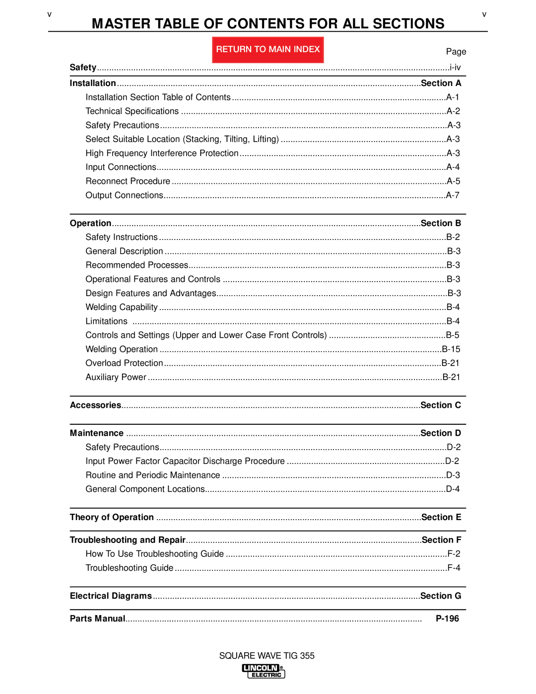 Lincoln Electric SVM118-A service manual Master Table of Contents for ALL Sections 