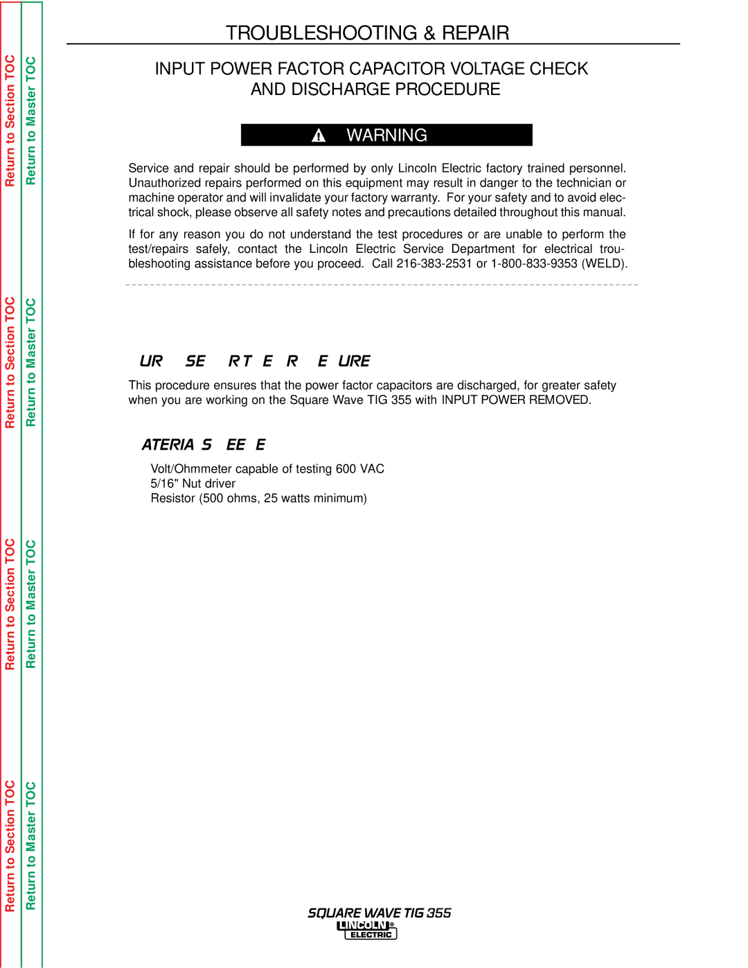 Lincoln Electric SVM118-A service manual Purpose for the Procedure, Materials Needed 