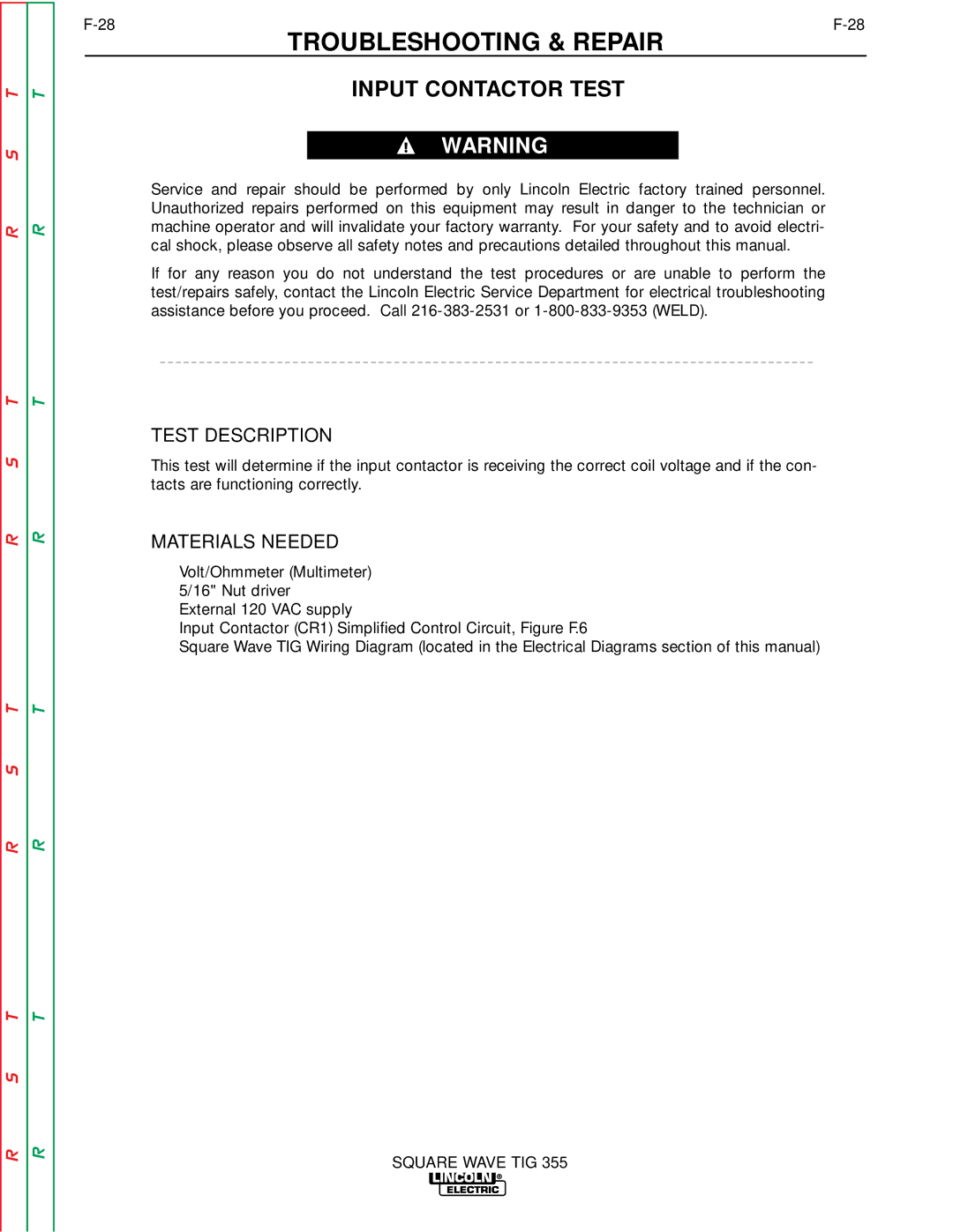 Lincoln Electric SVM118-A service manual Input Contactor Test, Test Description 