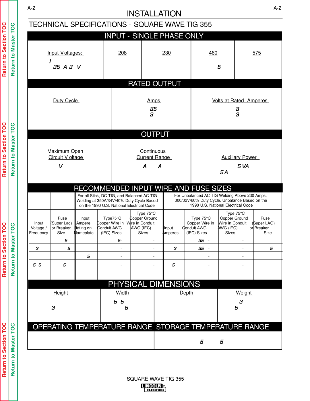 Lincoln Electric SVM118-A service manual Installation, Technical Specifications Square Wave TIG 