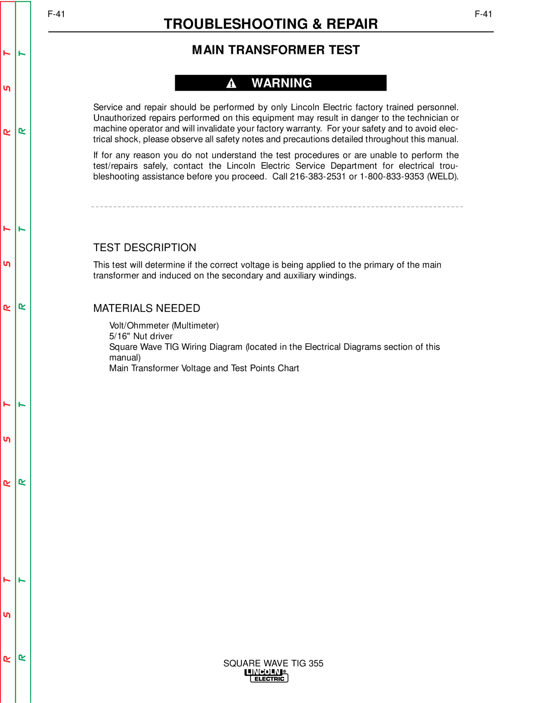 Lincoln Electric SVM118-A service manual Main Transformer Test, Test Description 