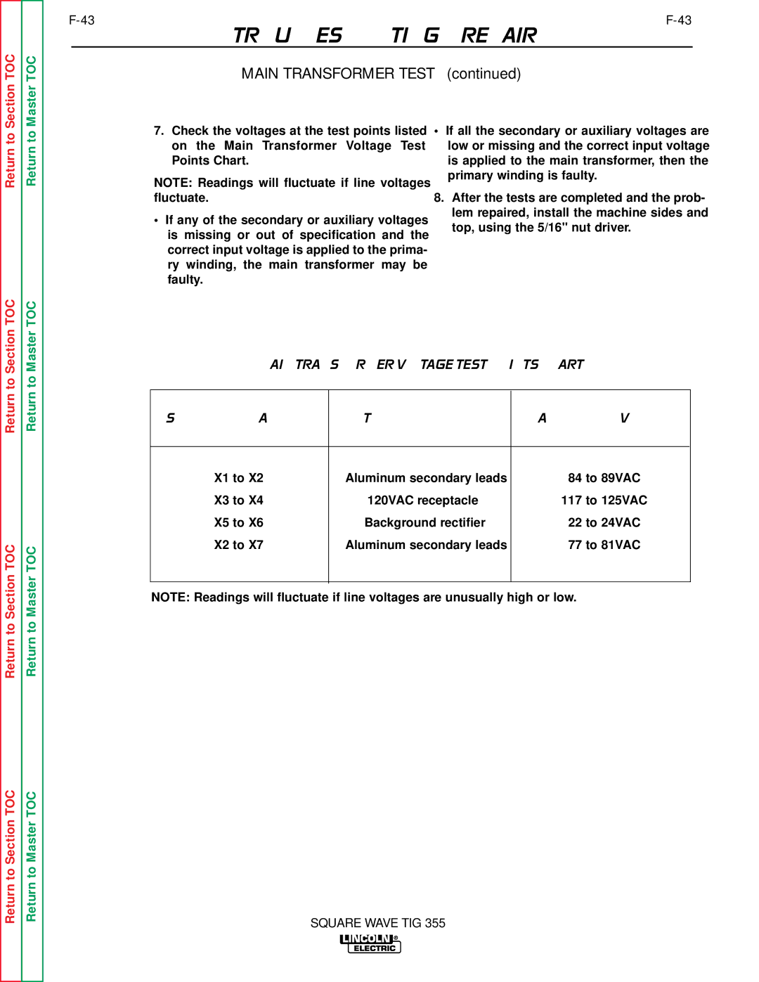 Lincoln Electric SVM118-A service manual Return to, Main Transformer Voltage Test Points Chart 