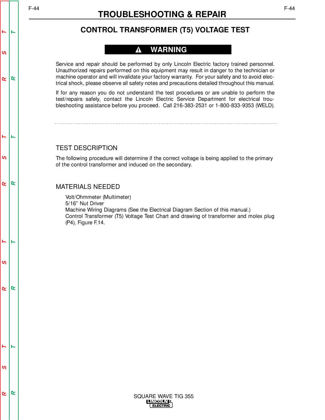 Lincoln Electric SVM118-A service manual Control Transformer T5 Voltage Test, Test Description 