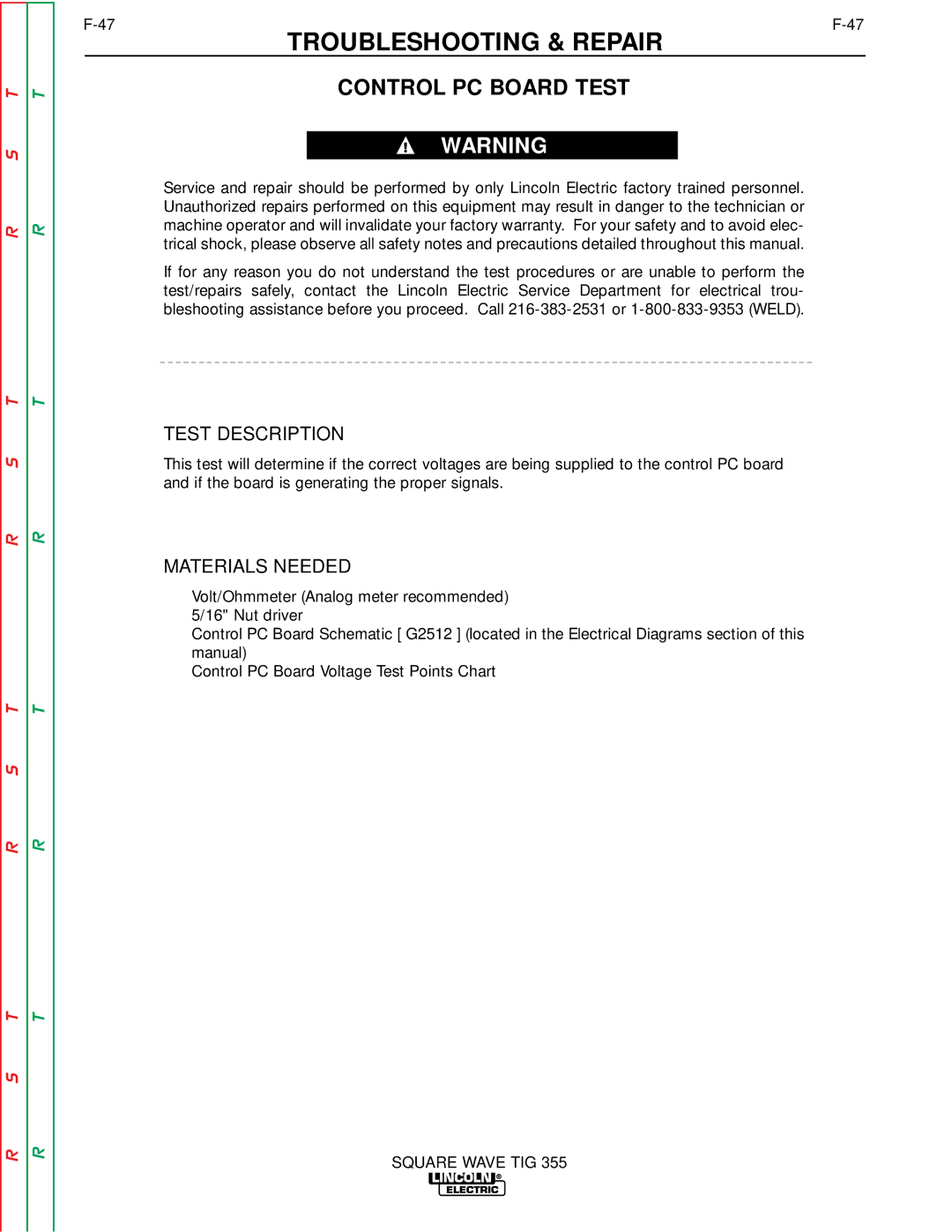 Lincoln Electric SVM118-A service manual Control PC Board Test, Test Description 