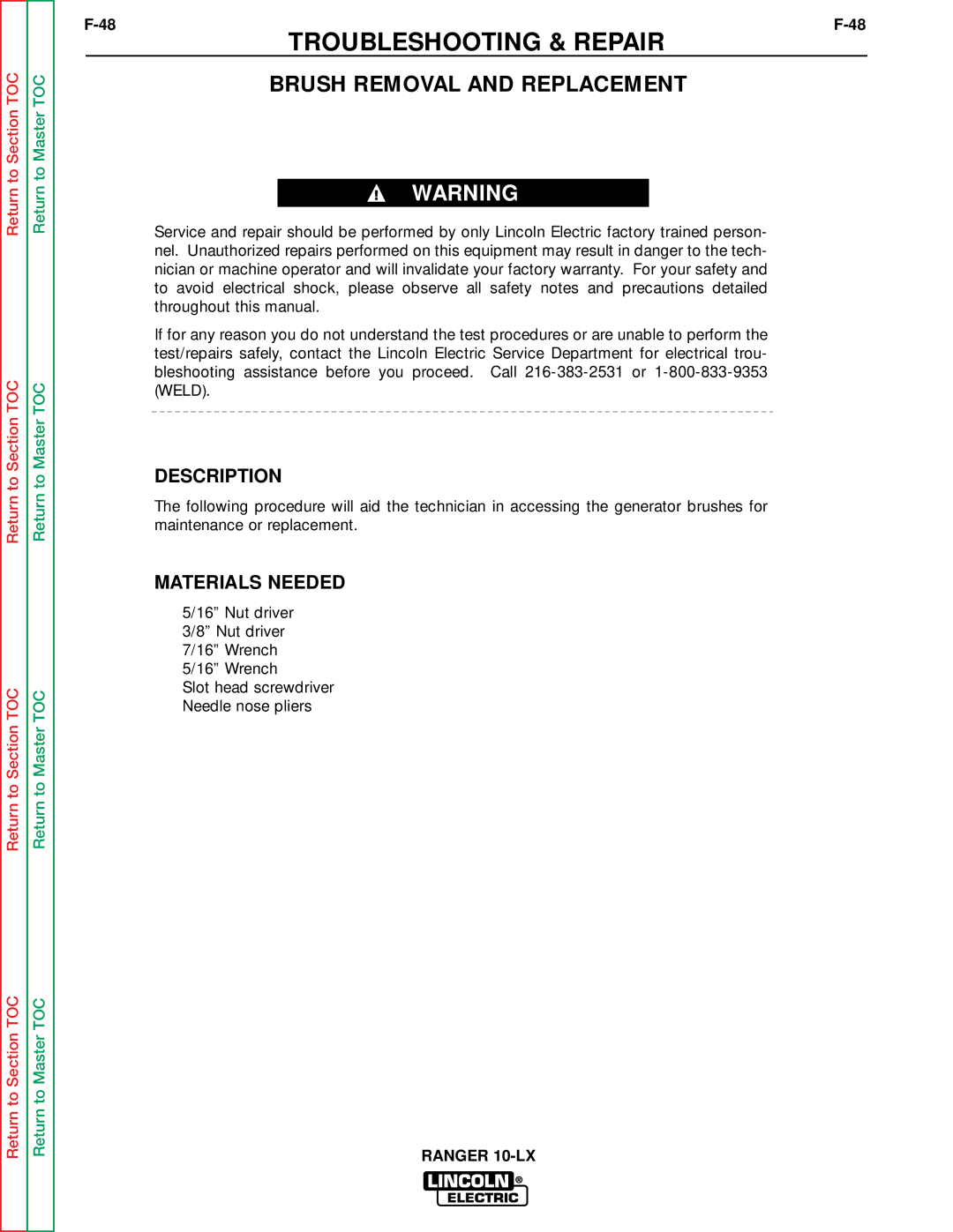 Lincoln Electric SVM120-A service manual Brush Removal and Replacement, Description 