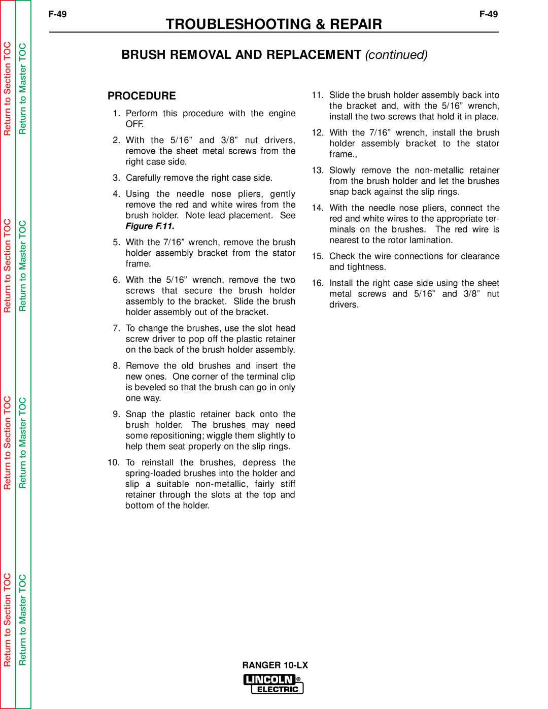 Lincoln Electric SVM120-A service manual Brush Removal and Replacement, Procedure 