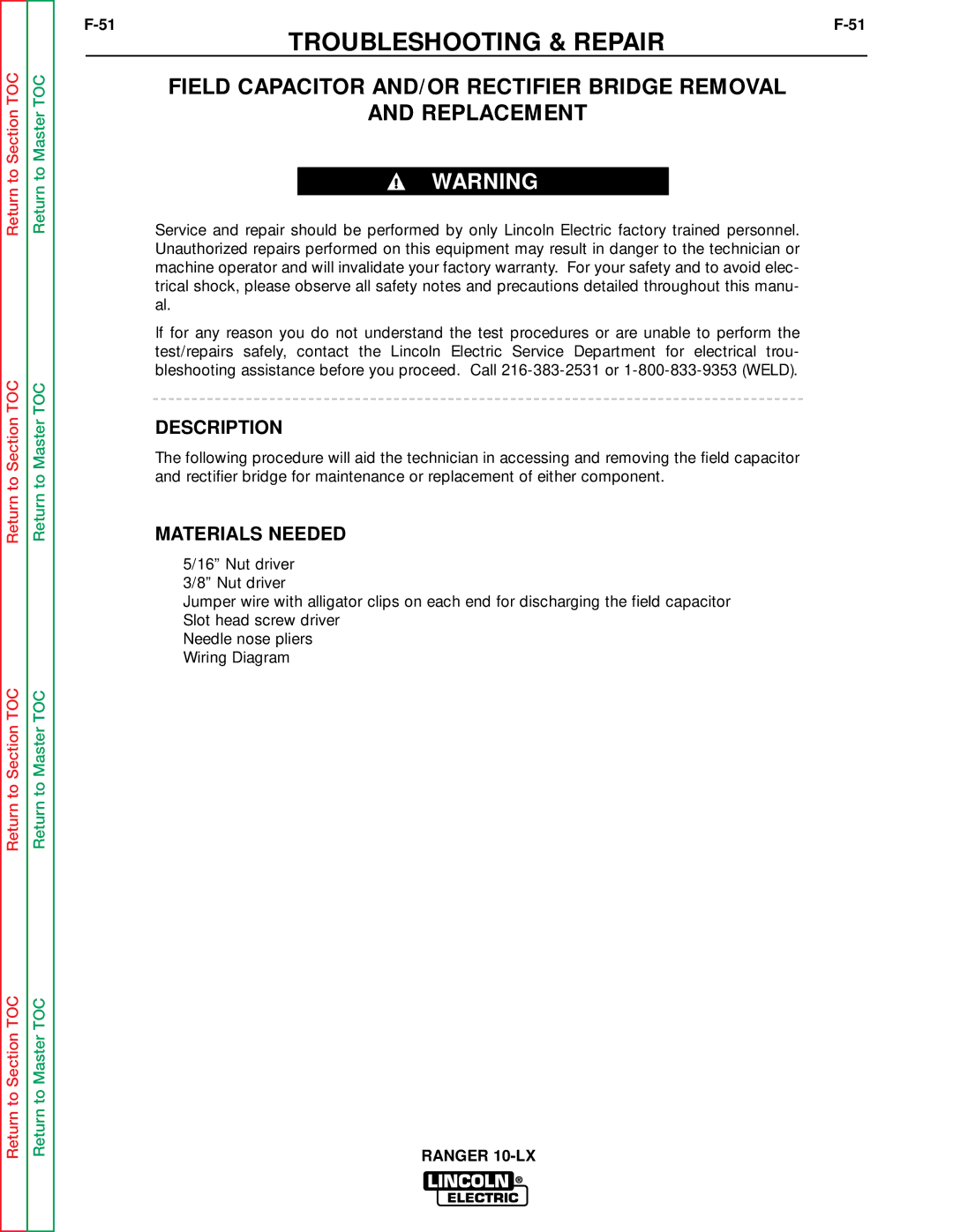 Lincoln Electric SVM120-A service manual Field Capacitor AND/OR Rectifier Bridge Removal Replacement, Description 