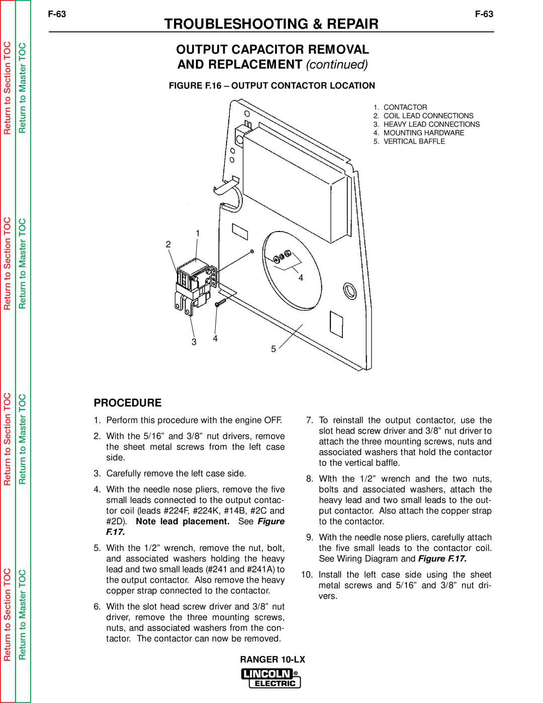 Lincoln Electric SVM120-A service manual Output Capacitor Removal, Figure F.16 Output Contactor Location 