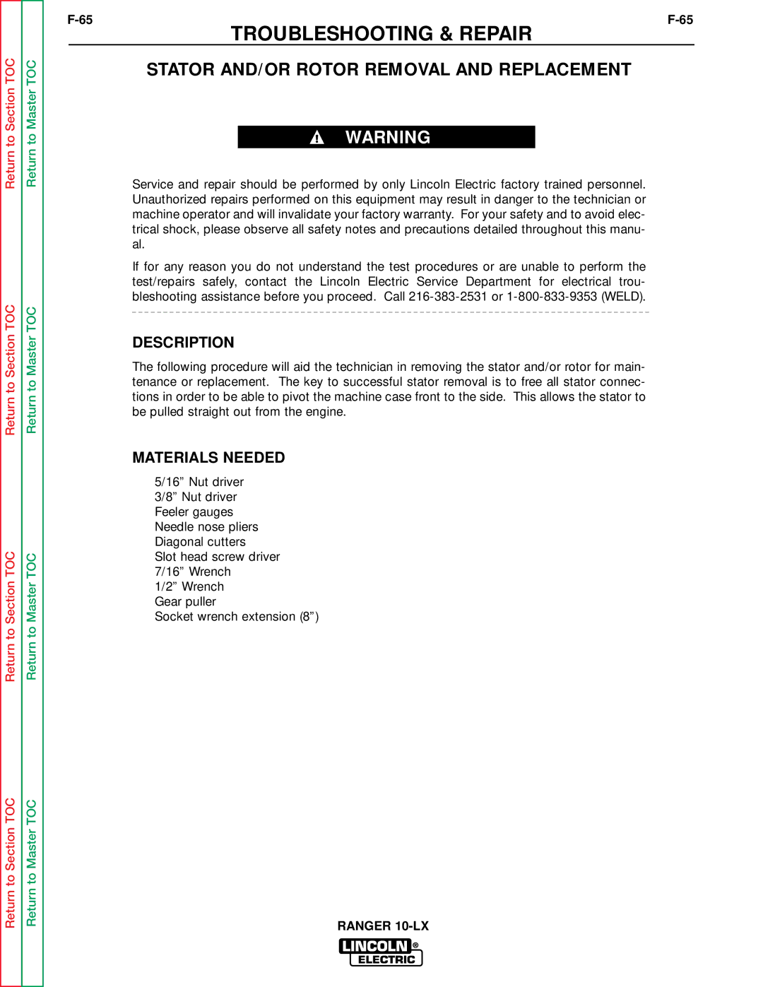 Lincoln Electric SVM120-A service manual Stator AND/OR Rotor Removal and Replacement, Description 