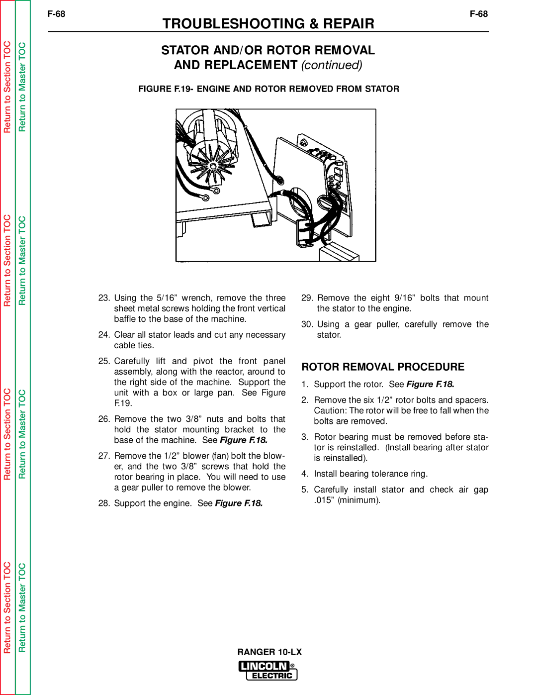 Lincoln Electric SVM120-A service manual Rotor Removal Procedure, Figure F.19- Engine and Rotor Removed from Stator 