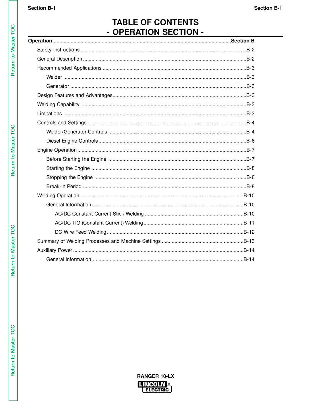 Lincoln Electric SVM120-A service manual Table of Contents Operation Section 