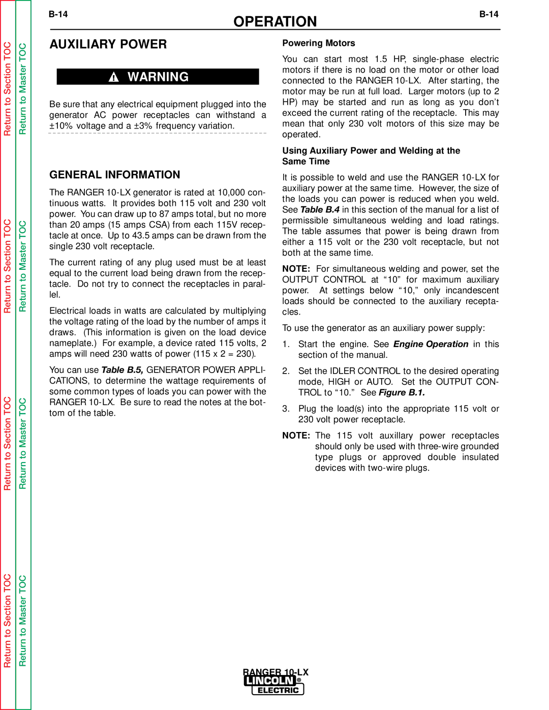 Lincoln Electric SVM120-A service manual Auxiliary Power, Powering Motors 