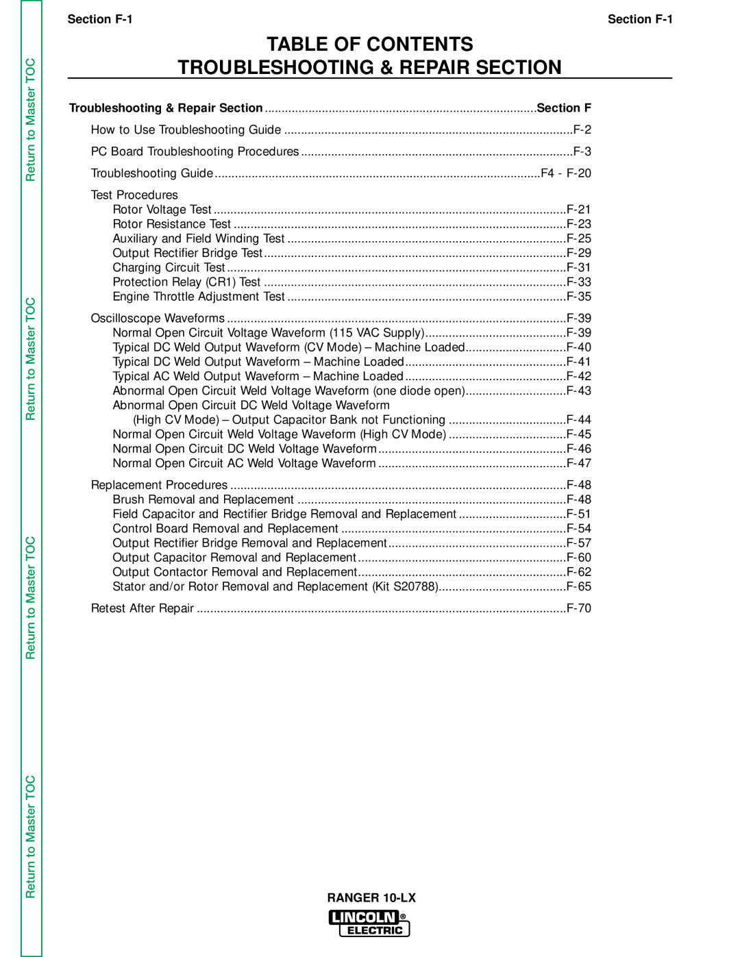 Lincoln Electric SVM120-A service manual Table of Contents Troubleshooting & Repair Section 