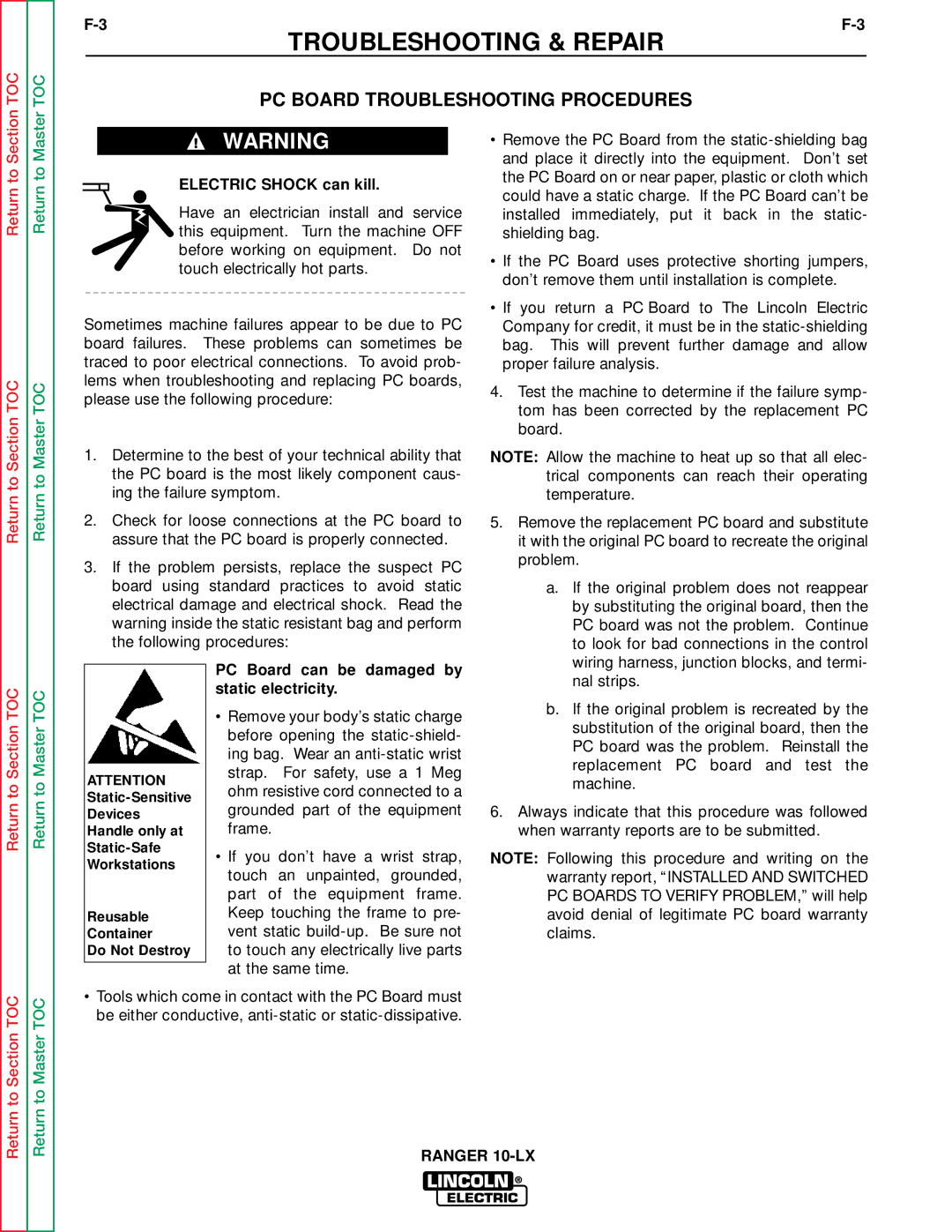 Lincoln Electric SVM120-A service manual PC Board Troubleshooting Procedures, PC Board can be damaged by static electricity 